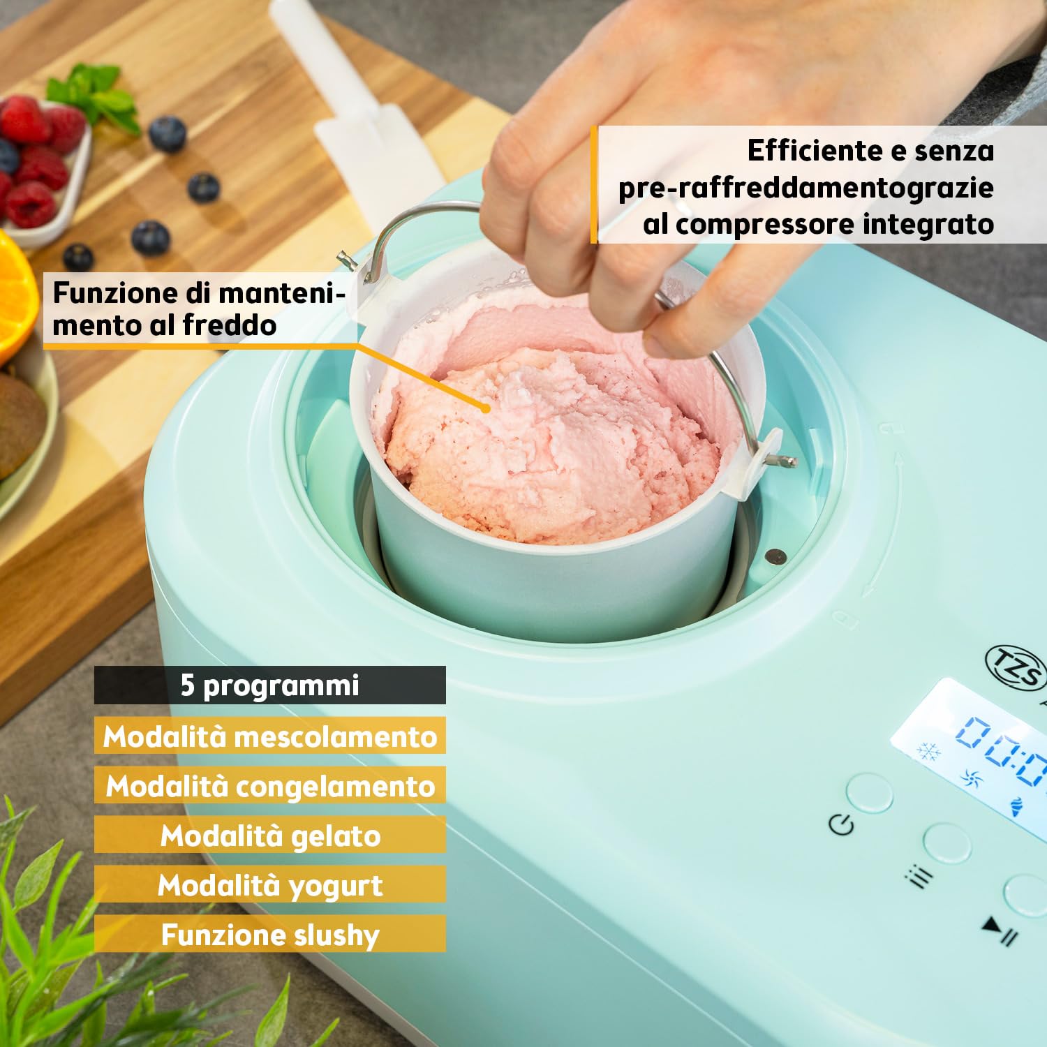 TZS First Austria - Gelatiera 1L con Compressore 3-in-1-100W Macchina per Gelato Autorefrigerante per Frozen Yogurt, Sorbetti e Gelato - Turchese