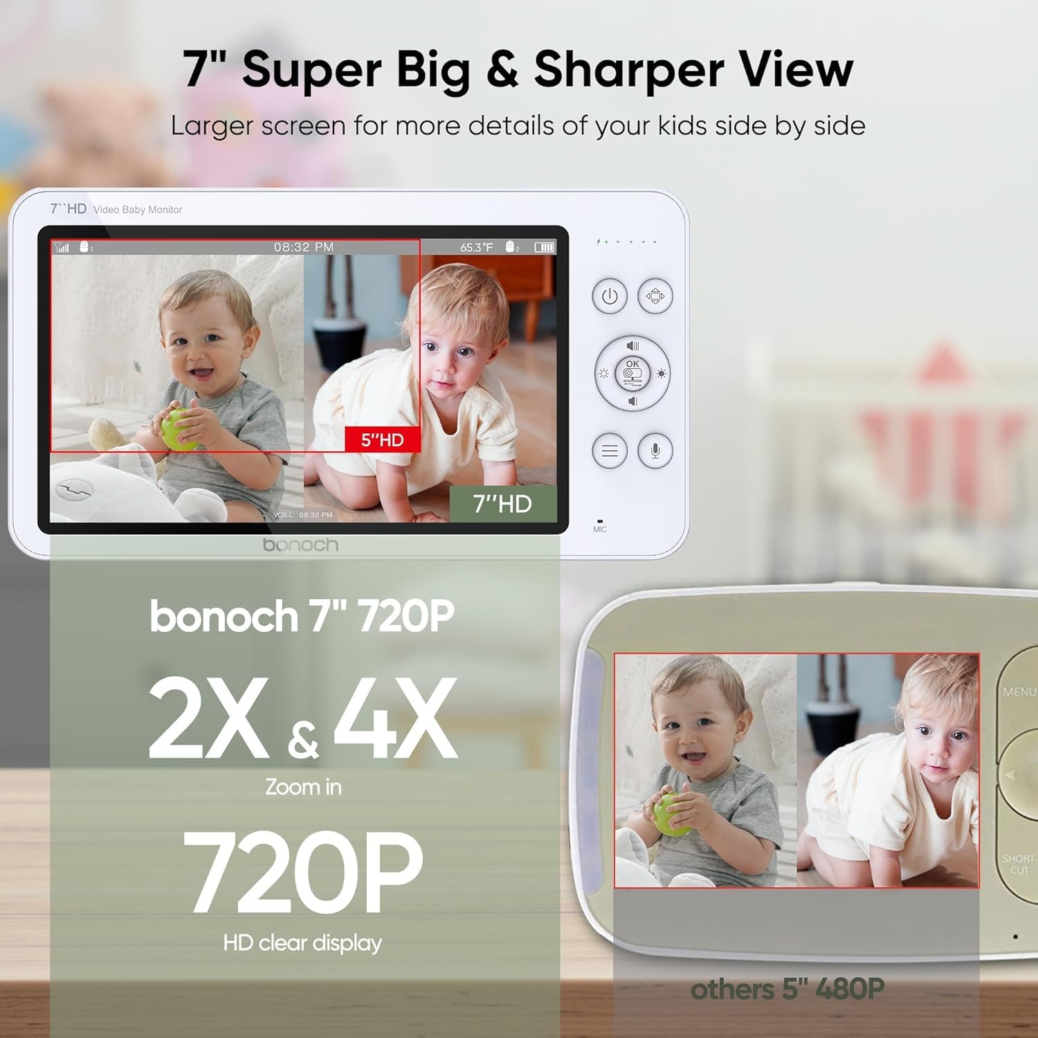bonoch 7 Zoll Babyphone mit 2 Kameras, 720p Video Babyphon Hone WLAN, 6000mAh Akku 23hrs, Nachtsicht, Beidseitige Audiofunktion, Remote-PTZ, VOX-Modus, Temperatursensor, 8 Schlaflieder