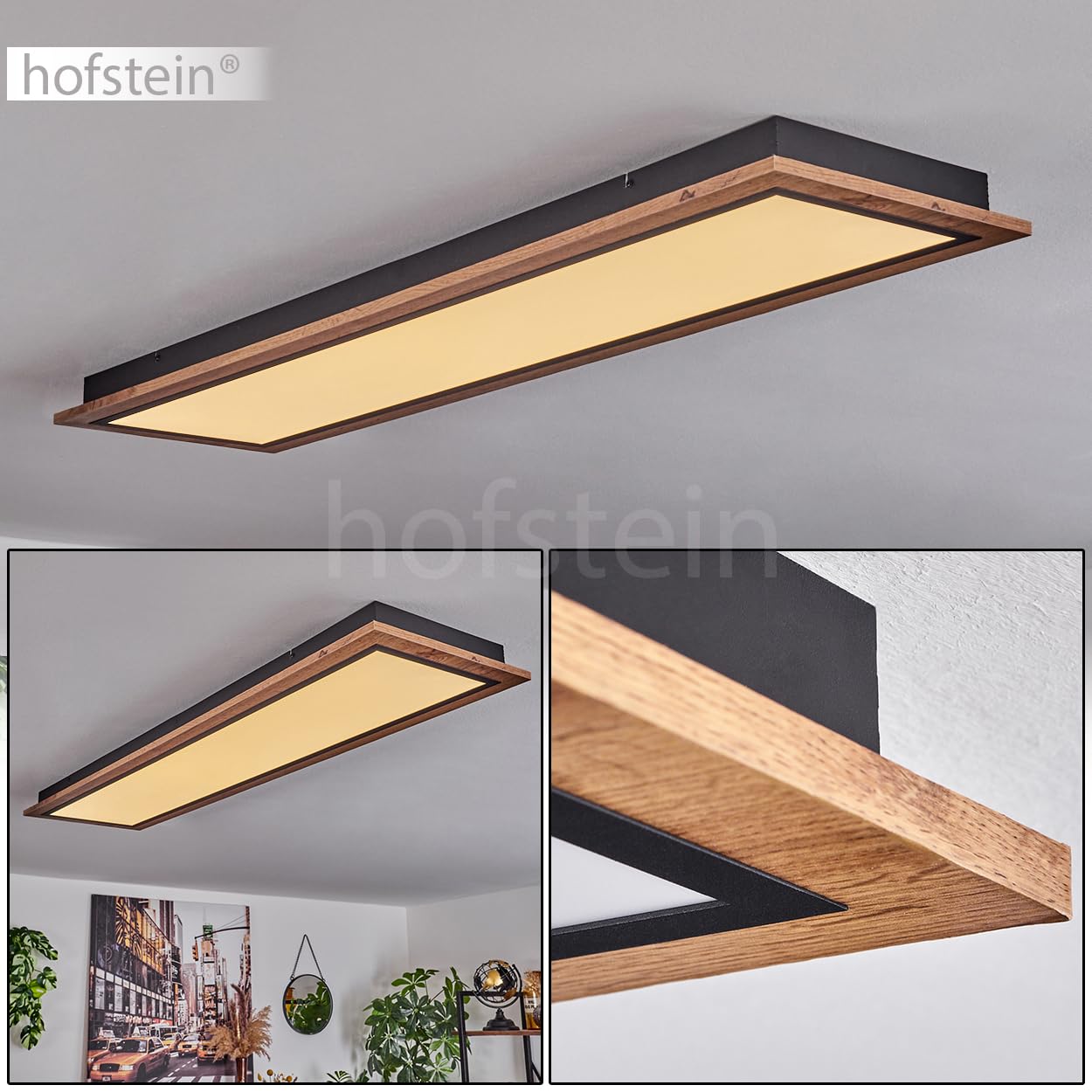 HOFSTEIN LED Deckenleuchte Salmi, moderne Deckenlampe aus Metall/MDF/Kunststoff in Schwarz/Holzoptik/Braun/Weiß, rechteckige Leuchte 120 cm x 30 cm, 4000 Lumen, 3000 Kelvin, 36 Watt, Wohnzimmer, Küche
