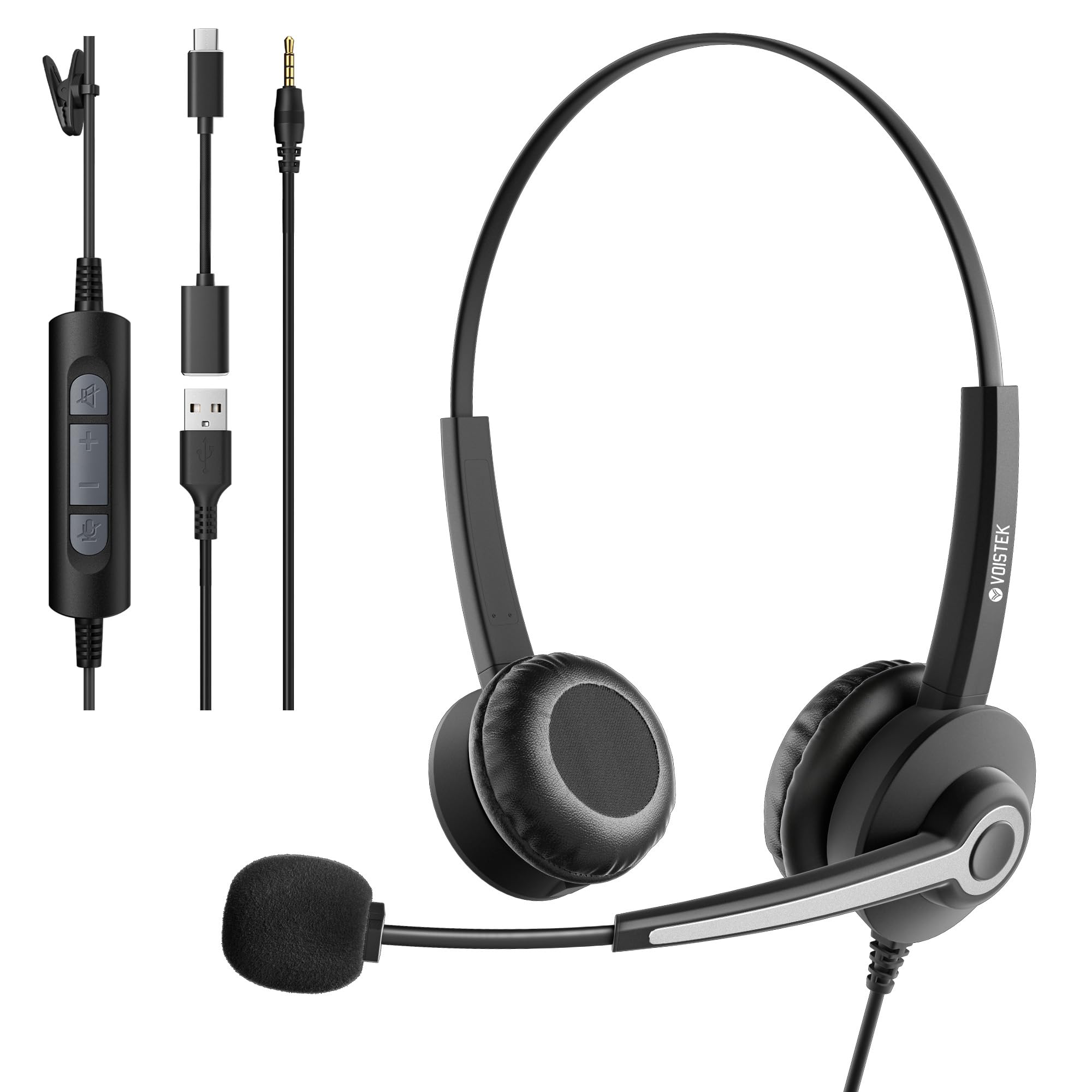 USB Headset with Microphone,Multi-Function Control Wired Headphones,3.5mm/USB/Type-C Noise-Cancelling PC Headset for Call Center,Office,Skype,Zoom,Laptop & PC-image-9