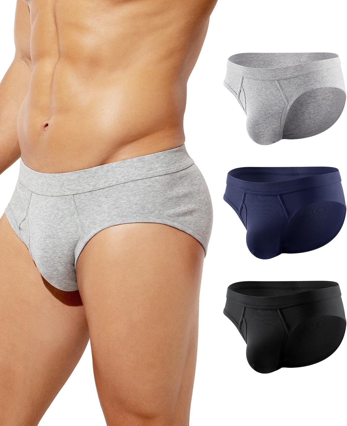 Arjen Kroos Mens Cotton Briefs Low Rise Breathable Pouch Underwear Underpants with Opening Fly 3 Pack