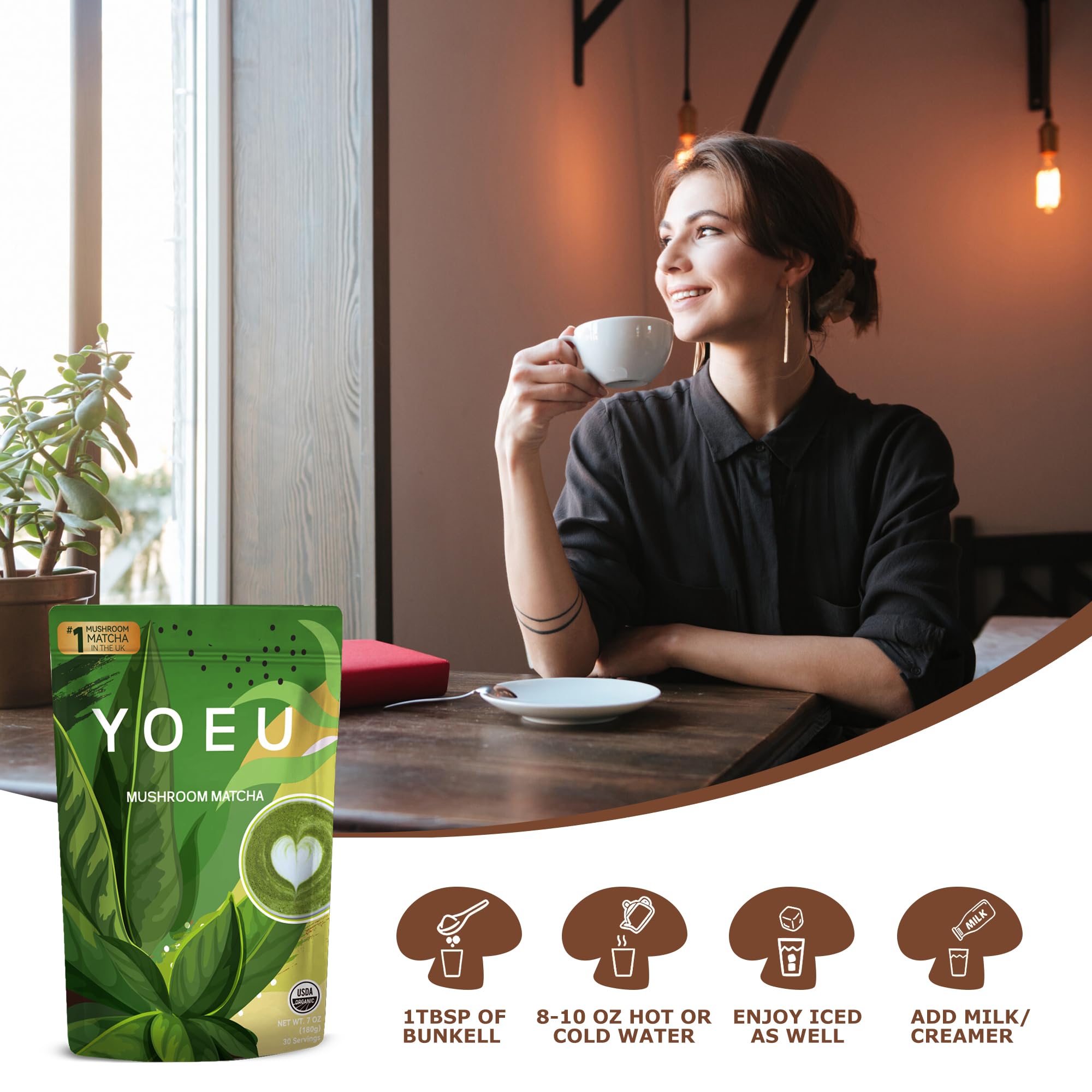 180g Organic Matcha Mushroom Powder Japanese Matcha 12 Natural Ingredients Instant Coffee Latte Powder Coffee Alternative — view 4