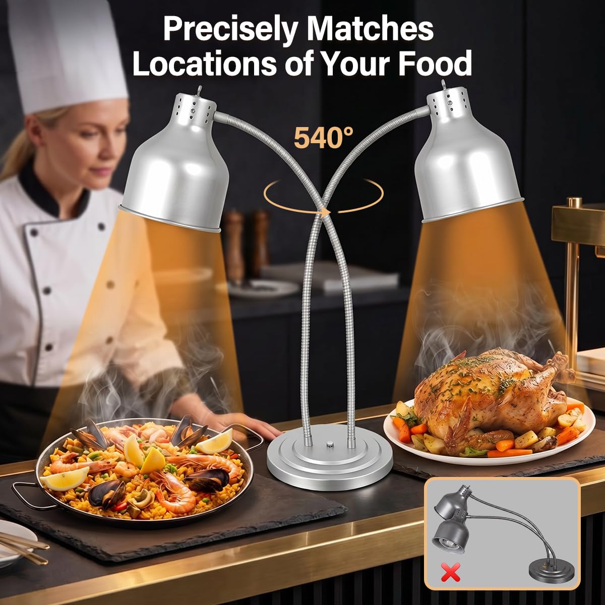 Lampada Riscaldante Doppia per Cucina | Scaldavivande con 2 Lampadine da 250W, Tubo Flessibile Regolabile da 70cm, Ideale per Buffet, Ristoranti, Cucine e Catering