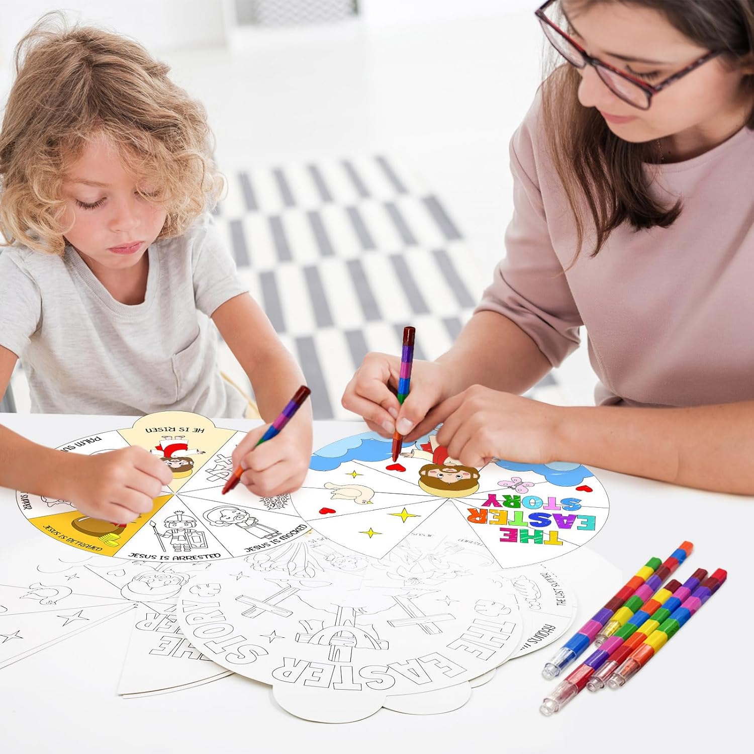 Cinrobiye 24 Sets Easter Story Coloring Craft Kit Easter Jesus Wheel Crafts Religious Holy Week Sunday School Bible Last Week Art Activities for Family School Classroom Party (Jesus)