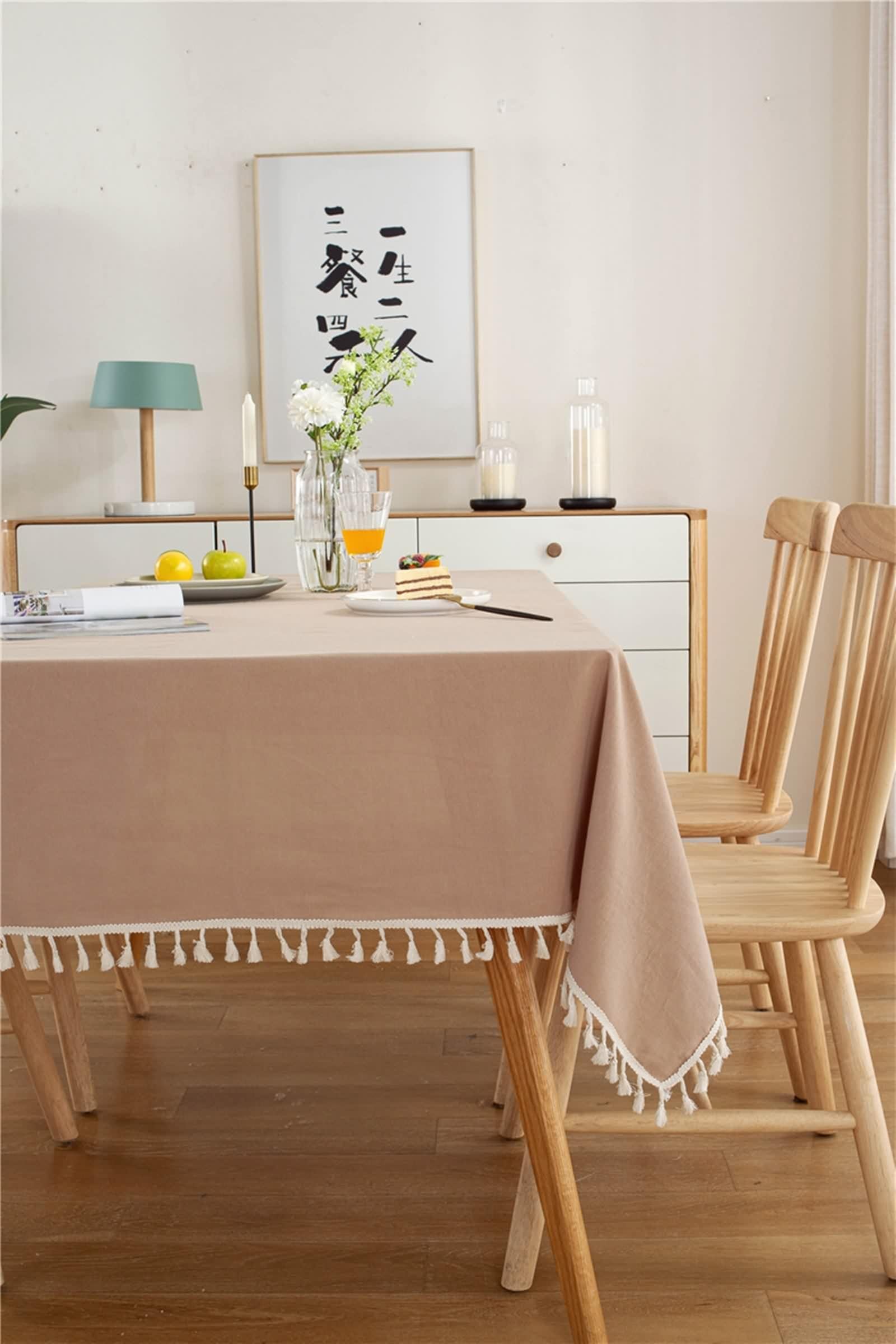 Tovaglia Cotone, Tovaglia Festa Beige Giallo Tinta Unita con Nappa Copritavolo 140X200CM per Soggiorno Cucina