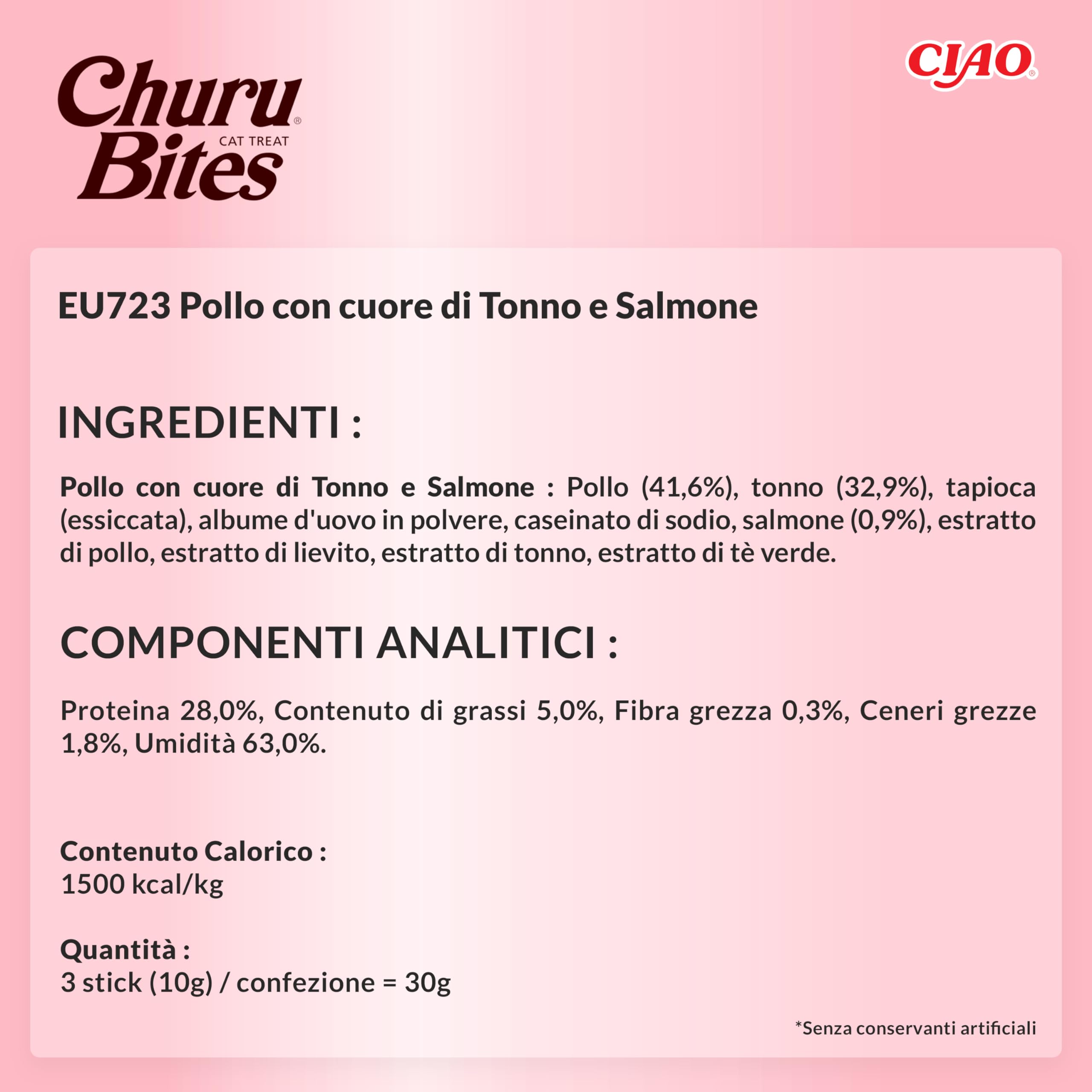 INABA Churu Bites Bocconcini di Pollo con Cuore di Tonno e Salmone Snack per Gatti Morbido e Cremoso, Grain-Free, 1 Pack (30g)