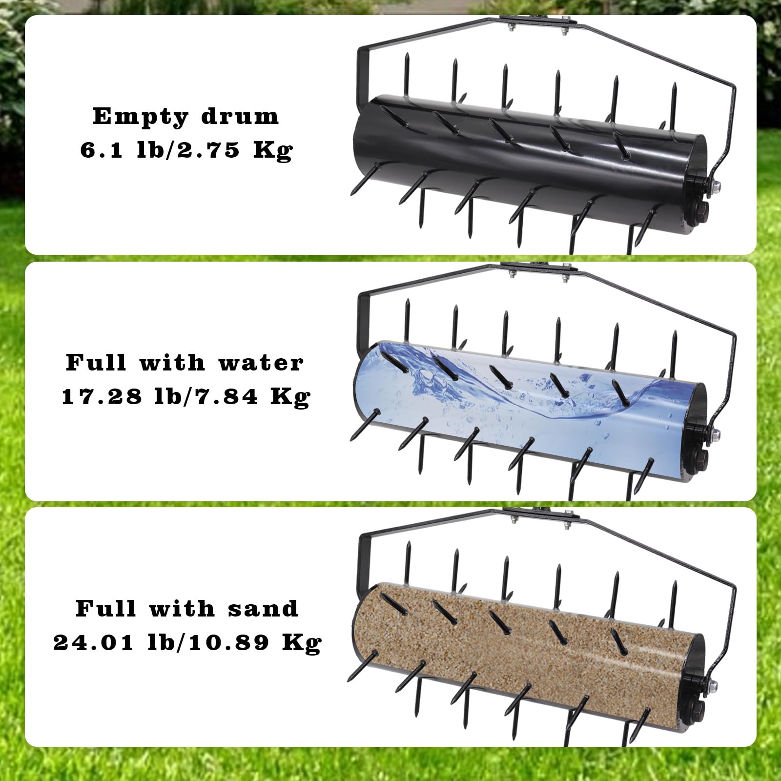 18 Inch Heavy Duty Rolling Lawn Aerator, Adjustable Weight Manual Roller Lawn Aerator Tool with Pre-Welded Spike, Hand Roller Soil Aerator for Garden Yard Lawn Grass Care with 49 Inch Steel Handle