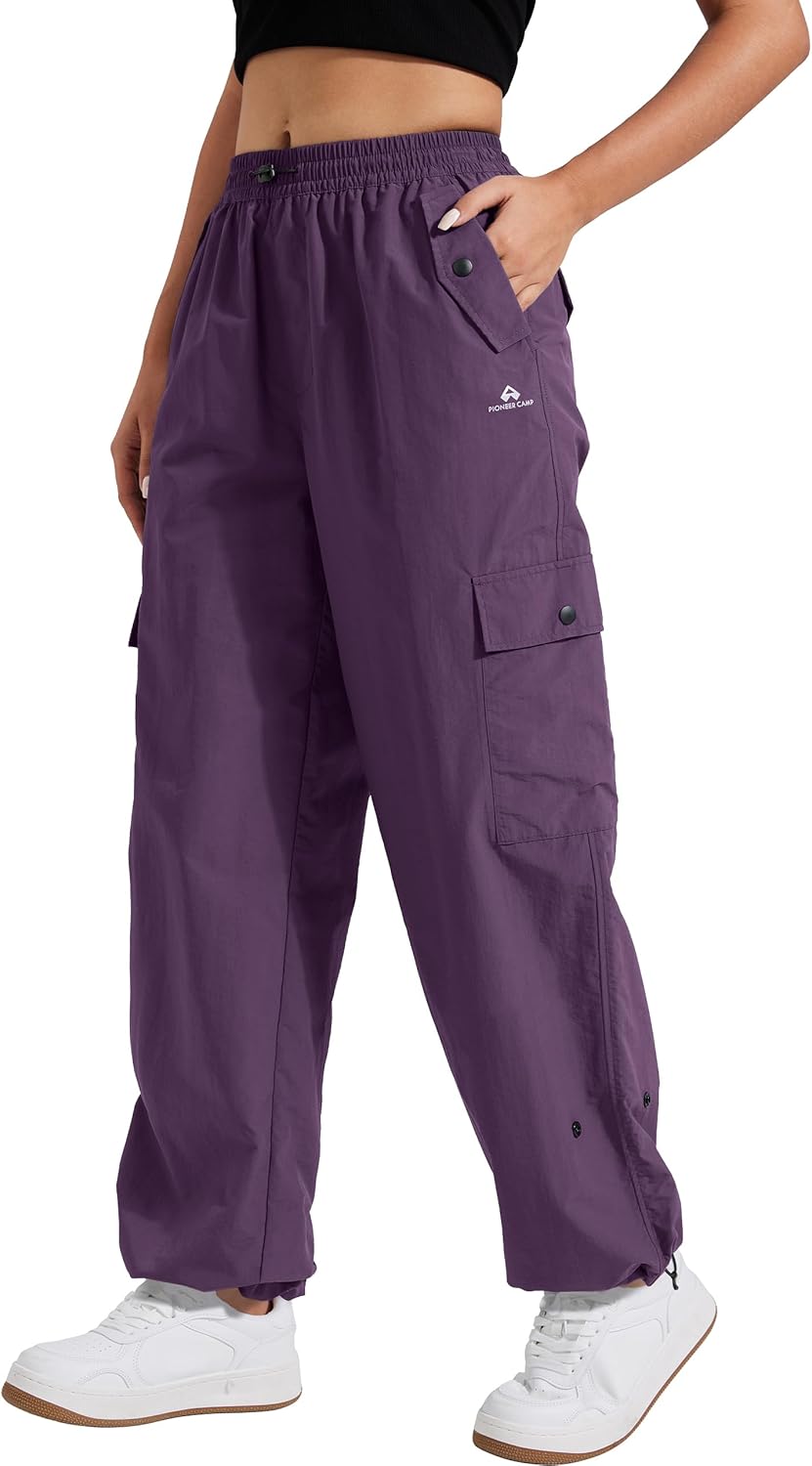 Pioneer Camp Womens Parachute Cargo Pants with Pockets Baggy High Waisted Quick Dry Hiking Pants Lightweight Wide Leg