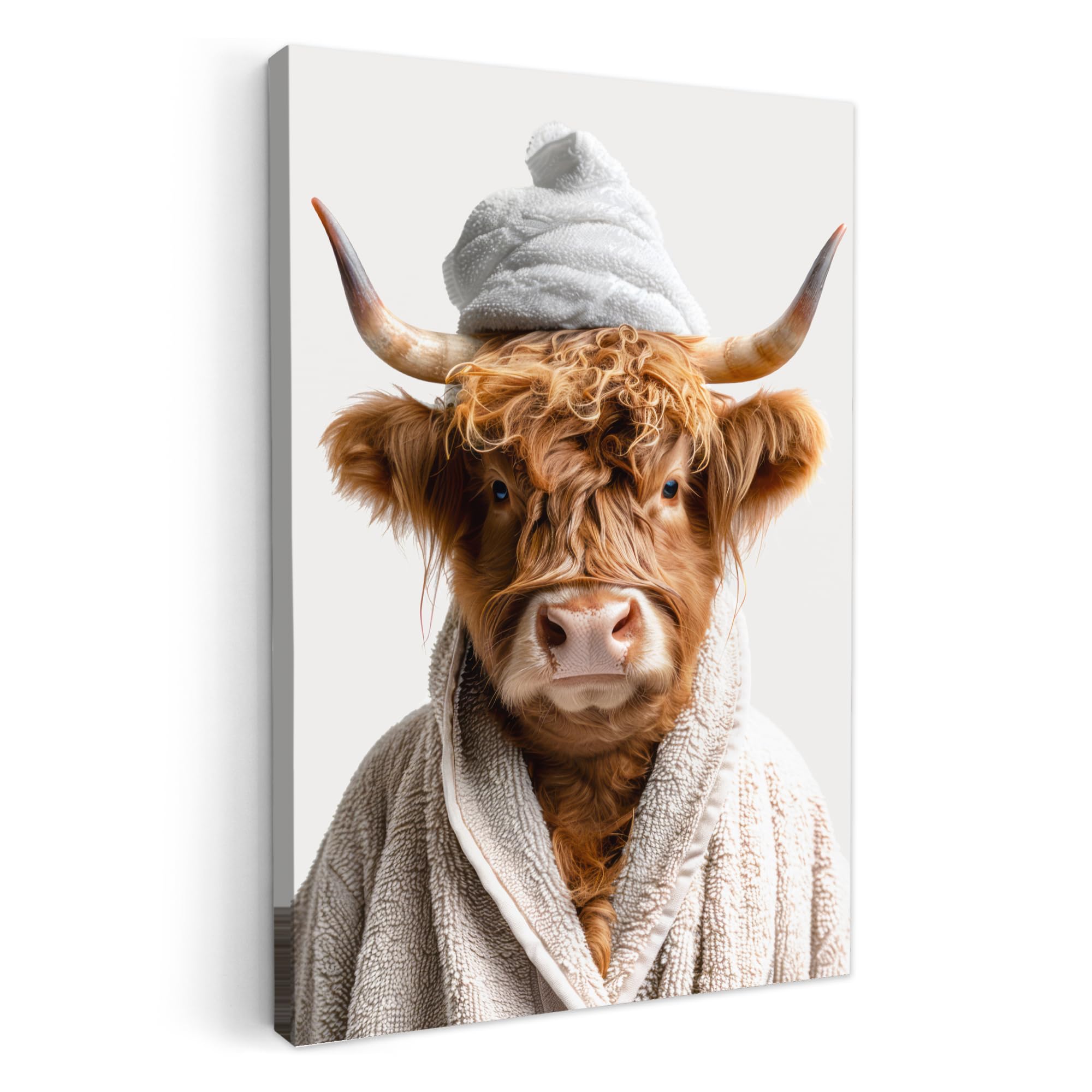 MuchoWow© Canvas Wall Art 80x120 cm Decor Paintings Prints framed on Canvas Decorations Wallart Scottish Highlander - Bathrobe - Cow - Bathroom - Animals