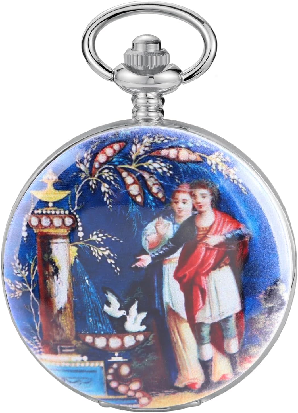 Tiong Steel Shell Colored Porcelain Flower Pattern Design Mechanical Pocket Watch, Men's Mechanical Movement Roman Numeral Dial Single Opening Pocket Watch