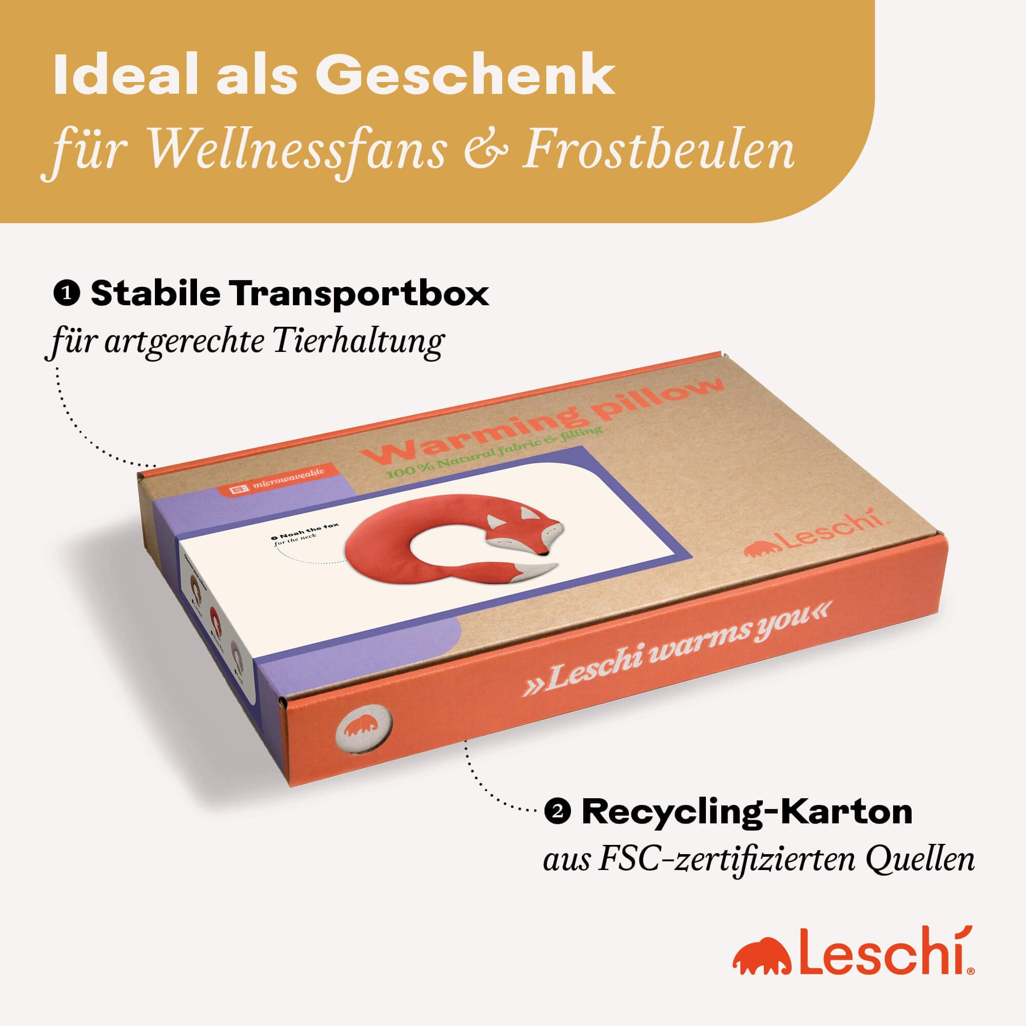 LESCHI Körnerkissen für Mikrowelle - anschmiegsames Wärmekissen aus 100% natürlicher Bio Baumwolle & Bio Weizen - ideal gegen Verspannungen an Nacken, Schultern und Hals - Fuchs, Rot