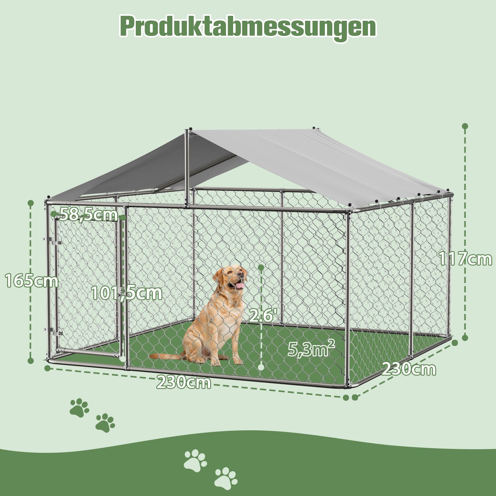 Outdoor Hundezwinger Mit Dach 230x230x117 cm Schwerlast Hundegehege Aus Verzinktem Stahlrohr Mit Verriegelbarer Sicherheitstür UV Beständiger Wasserdichter Abdeckplane Für Garten Terrasse Hof