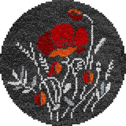 Latch Hook Rug Kits for Adults Poppy Flower Round Latch Hook Cushion Tapestry Crochet Yarn Kits Rug Making Kits with Printed Canvas Carpet Craft Kits for Beginners Mat Decoration 50x50cm