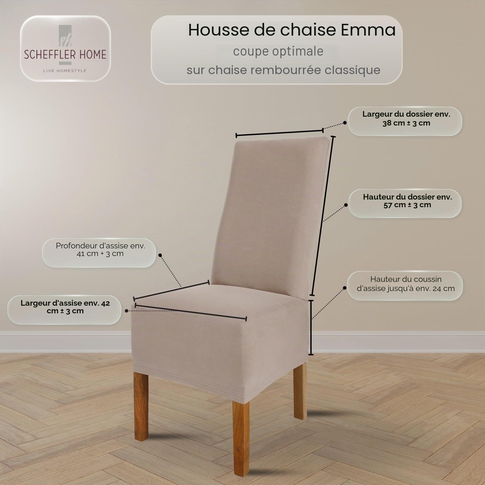 SCHEFFLER-Home Housse de Chaise Extensible « Emma » / Lot de 4 / Taupe / Élastique en Coton / Avec Bande Élastique / Élégante