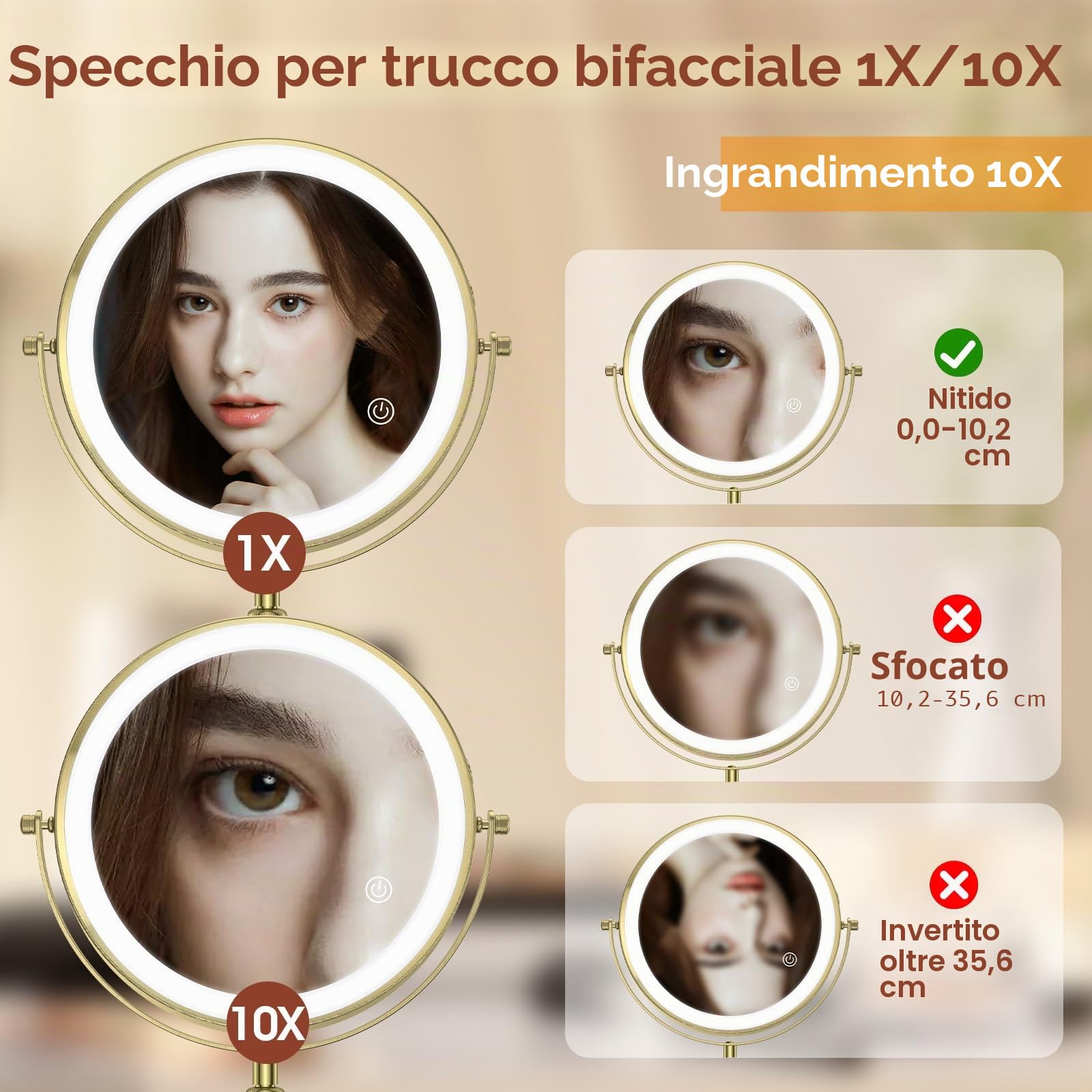 MATEPROX 8 Pollici Specchio da Trucco con Luci, Specchio Ingrandente 1X 10X, Girevole, Asta Regolabile con 3 Colori di Illuminazione, Sensore Touch, Supporta la Ricarica USB-Oro