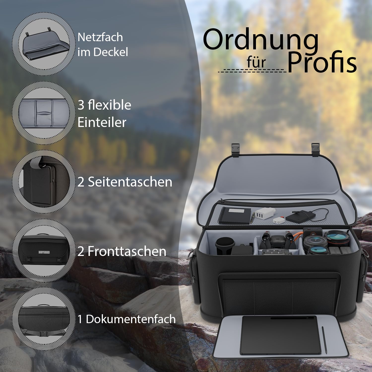 Bodyguard 4XL Kameratasche Groß – Fototasche für Spiegelreflexkameras - großes Hauptfach mit 3 flexiblen Trennwänden, viele Kleinteilfächer, Kamera Tasche gepolstert, Wasserfest