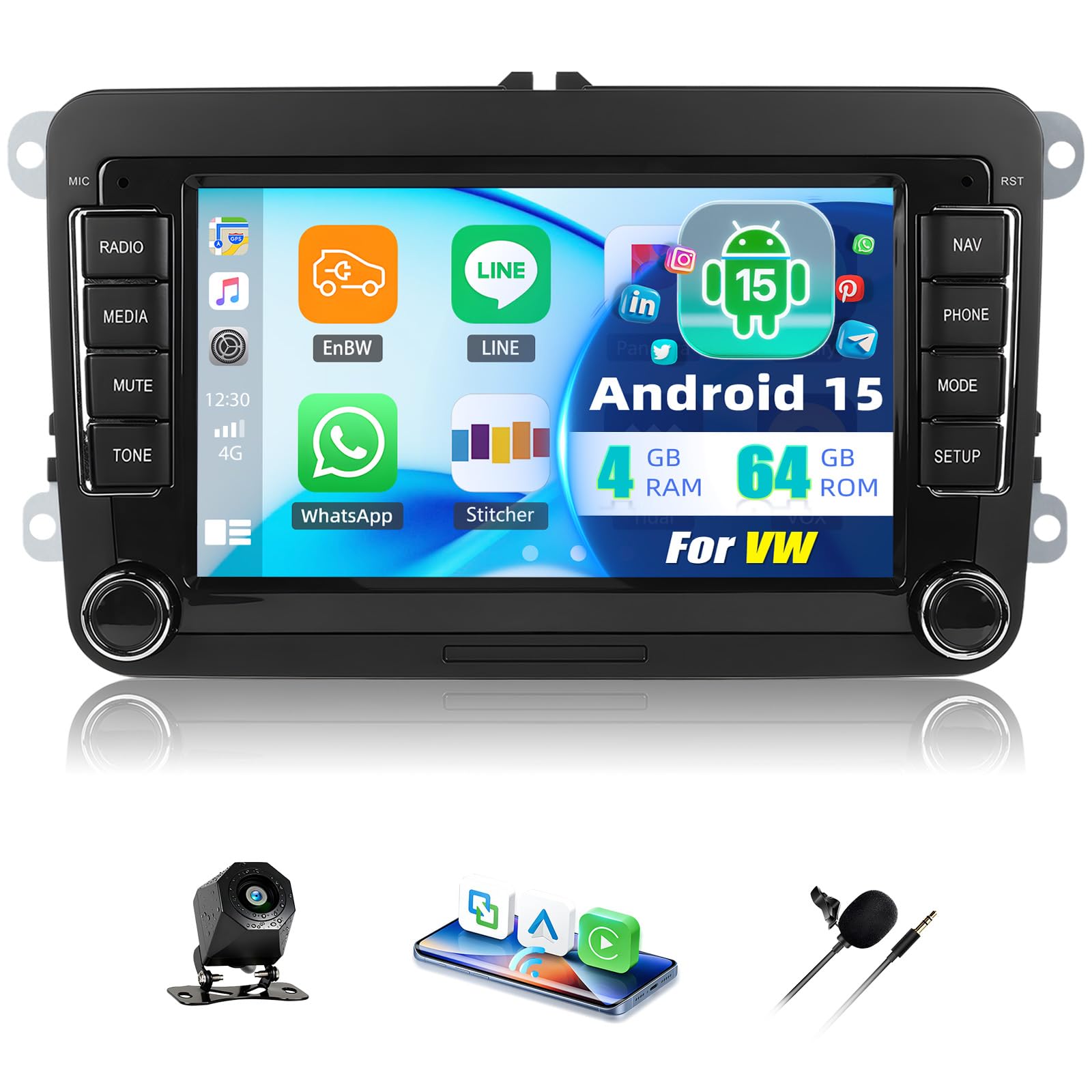 4+64GB Android 15 CarPlay Android Auto Autoradio für VW Golf 5 Golf 6 Passat Jetta T5 EOS Polo Touran Seat Sharan 7 Zoll Autoradio Mit Bildschirm Bluetooth FM RDS GPS WLAN SWC EQ Rückfahrkamera Canbus
