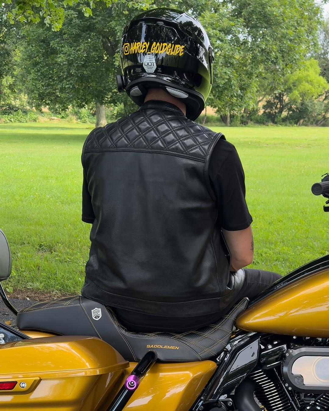 First Mfg Co Signature Men’s Motocycle Club Style Leather Vest Double Diamond Stitching Banded Collar Satin Liner YKK Zippers