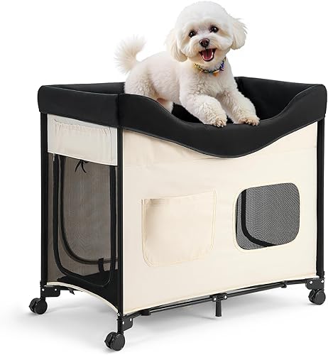 VEVOR Bedside Lounge - Cama para mascotas, litera plegable para perros con tela Oxford 600D y terciopelo holandés, cuna elevada portátil con ruedas,