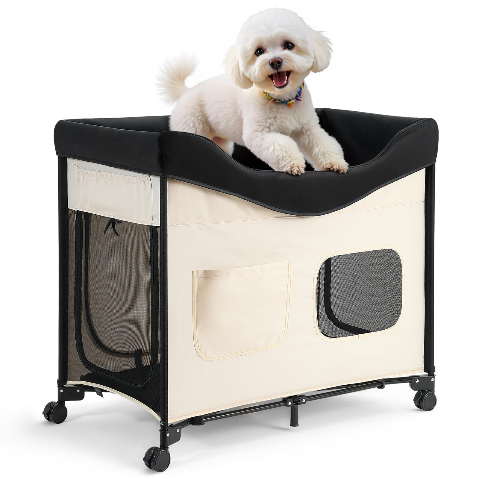 VEVOR Bedside Lounge Pet Bed, Foldable Bunk Dog Bed with 600D Oxford Cloth and Dutch Velvet, Portable Raised Cot with Wheels, Side Storage Bags, and