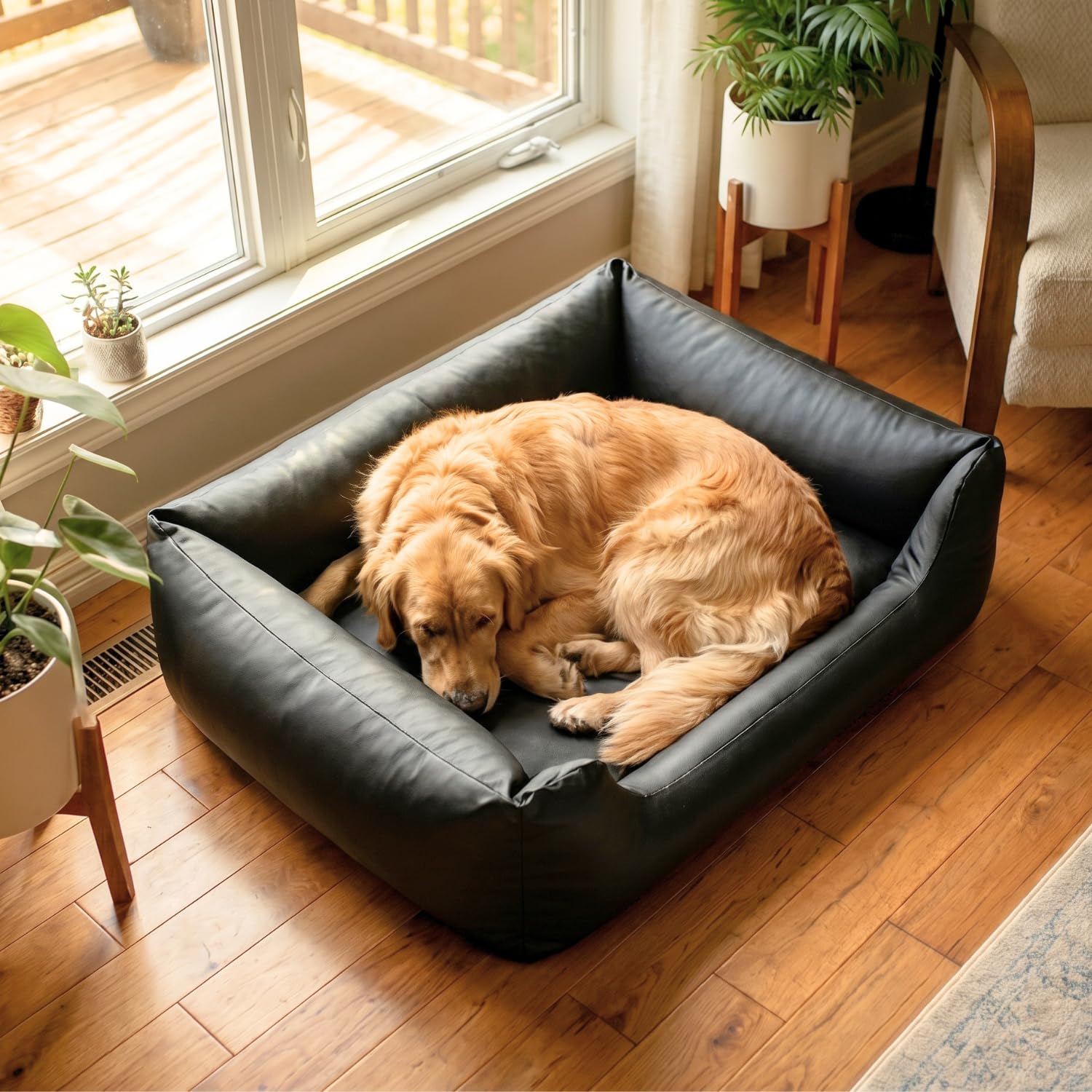 4L Textil Mario Orthopädisches Hundebett aus Kunstleder XL Hundekorb Kunstleder Große Hunde Memory Foam Visco Wasserabweisend Robust Komfortabel (120x90x25 cm, Schwarz)