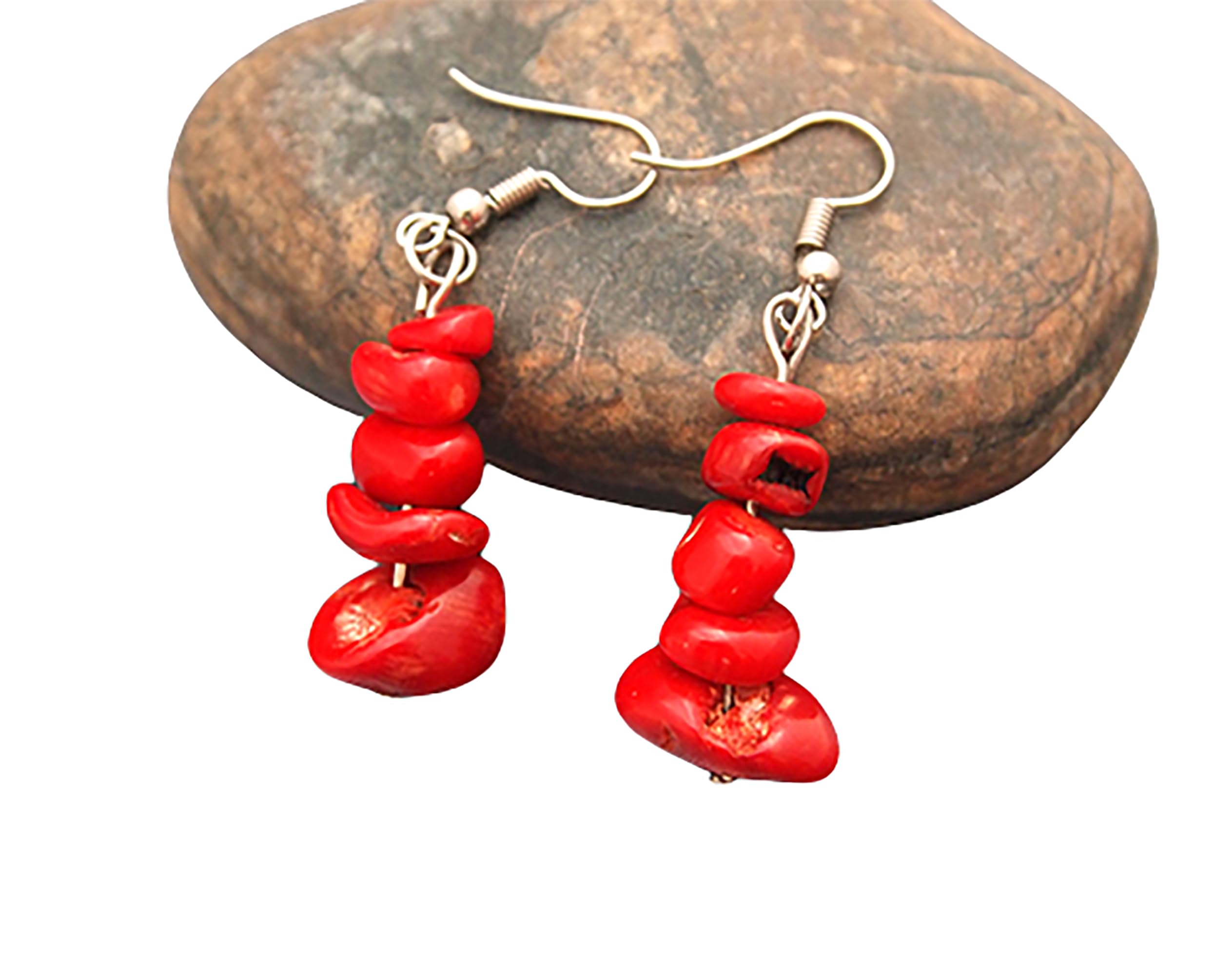 Natural Tumbled Stone Chips Earrings Dangling - Real Red Coral Chip - Silver - Small - Short - Drop & Dangle -Lightweight - Everyday Wear - Blue Stone
