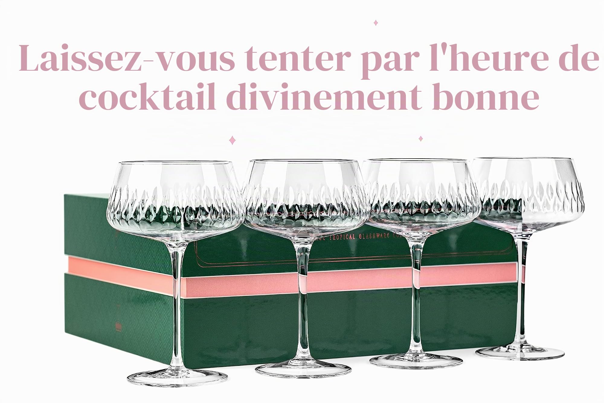 GLASSIQUE CADEAU Belles coupes vintage flamant rose pour cocktails et champagne | Lot de 4 | 340 ml Soucoupes à pied en cristal de style rétro pour boissons élégantes au bar | Collection de verrerie