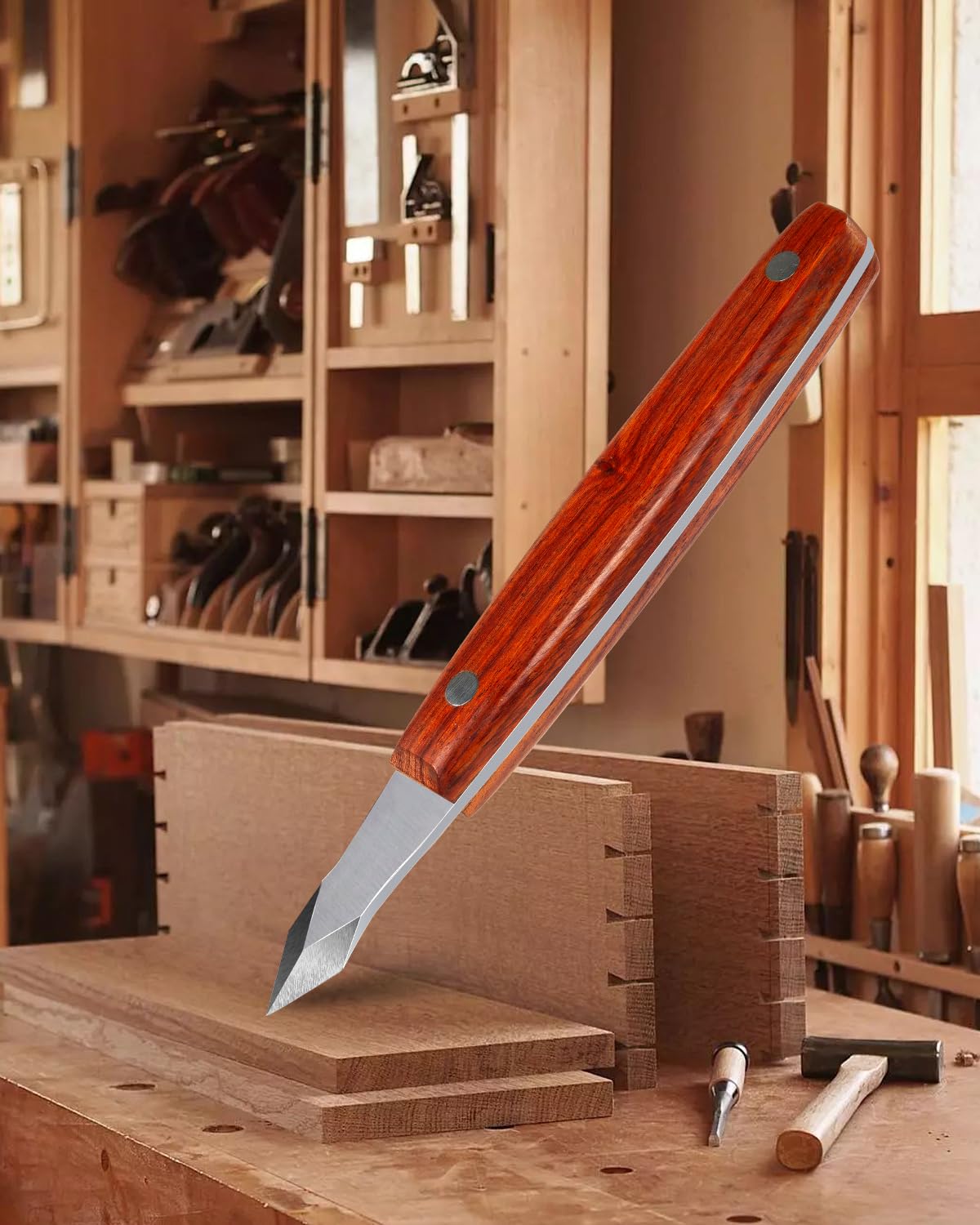 Woodworking Marking Knife – High Carbon Steel Double-Beveled Scribing Blade, Ergonomic Wooden Handle & Leather Sheath – Precision Scribing Tool for Joinery, Carpentry & Wood Carving – by Aeglemana — Amazon image 6
