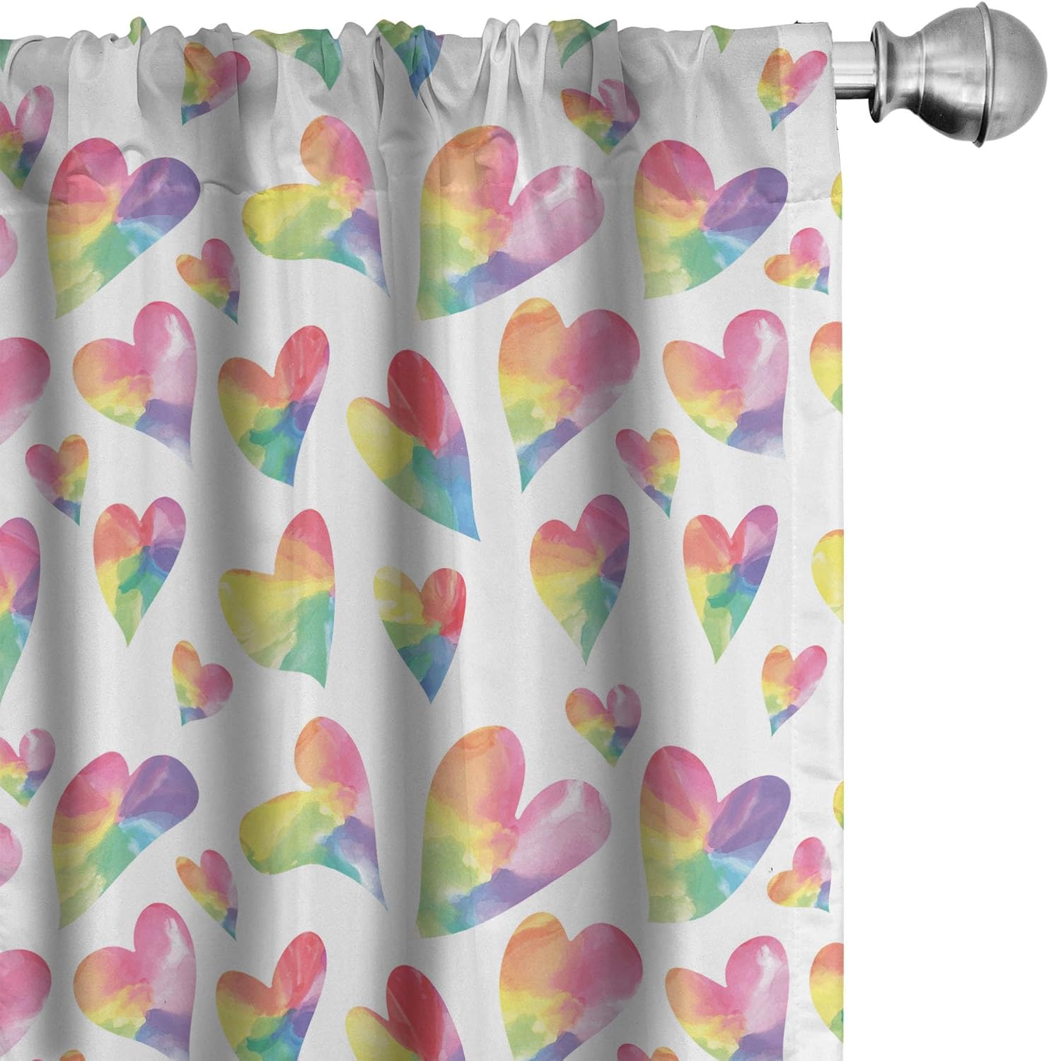 Ambesonne Heart Curtains, Rainbow Colors Watercolor Inspired Hearts Valentines Day Love Romantic Couples, Window Treatments 2 Panel Set for Living Room Bedroom Decor, Pair of - 28" x 95", Pink White