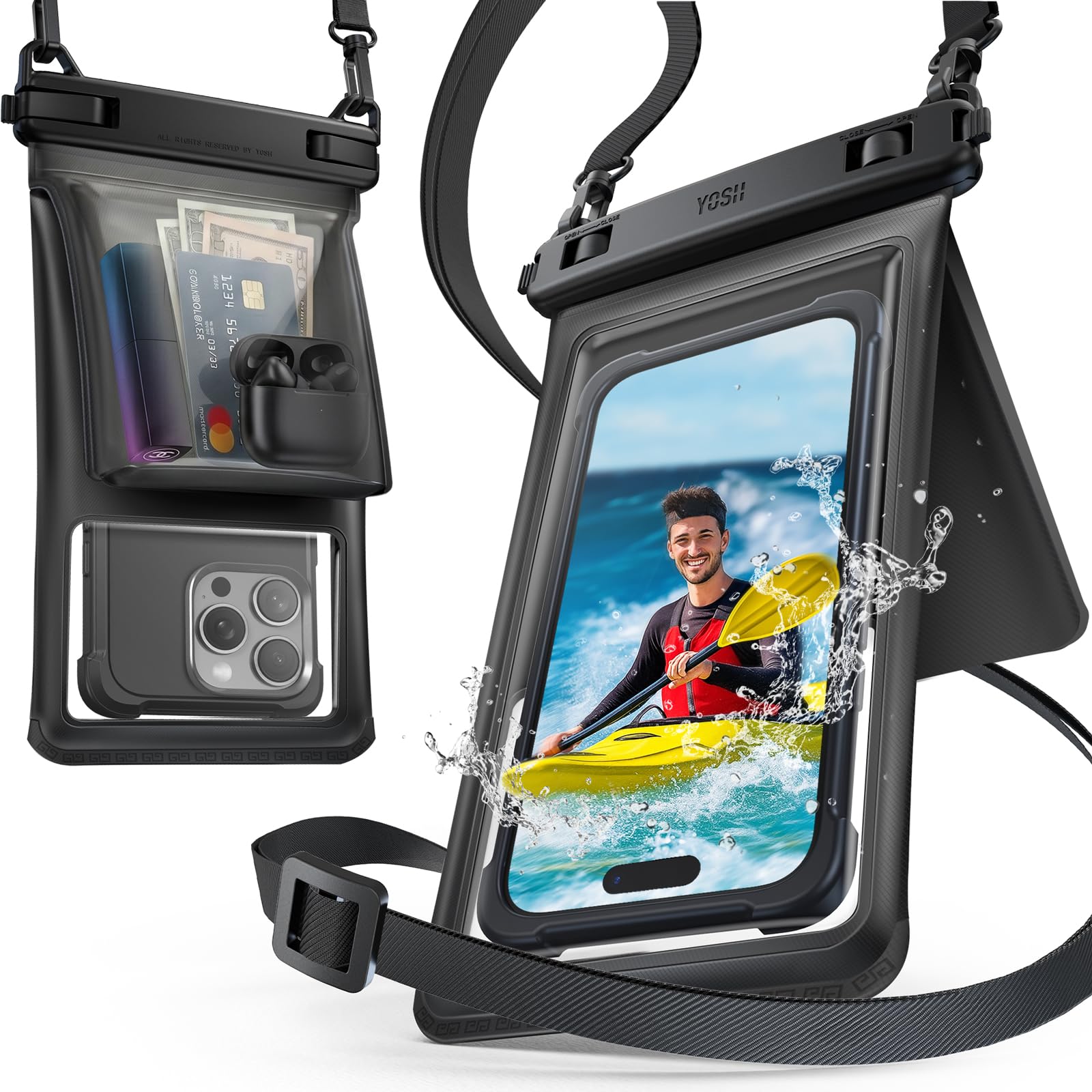 YOSH wasserdichte Handyhülle [2026 3D-Doppeltaschen], IPX8 Wasserfeste Handytasche zum Umhängen, 7,5 Zoll Unterwasser Hülle Tauchen Waterproof Phone Case für iPhone 17 16 Pro Max Samsung S26 S25 Ultra
