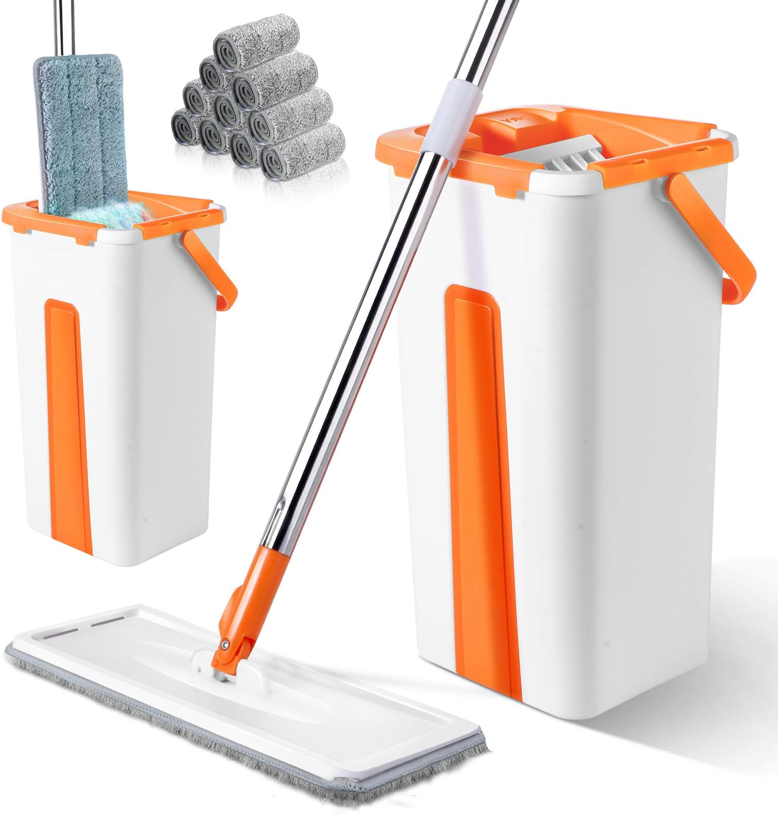 MasthomeFlat Mop and Buckets Sets,Floor Mops with 10pcs Microfibre Pads and 125cm Long Handle,Flat Mop Bucket for Laminate Hardwood Tile Floors Cleaning,Orange
