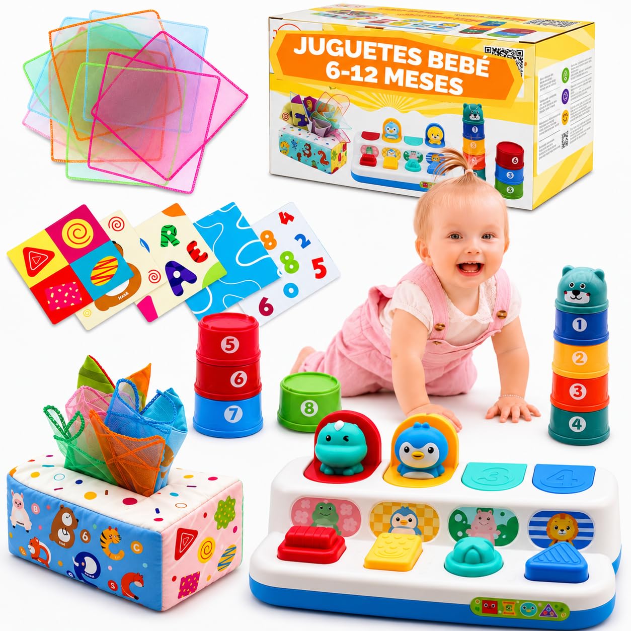 Juguetes Bebes 6-12 Meses Montessori Set Sensorial Causa Efecto para 1 Año | Regalo con guia de actividades estimulacion temprana y aprendizaje brinquedos educativos cubos apilables y caja de pañuelos