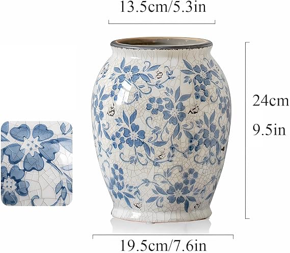 Rustic Blue and White Ceramic Vases for Flowers Ice Cracked Chinoiserie Vases Ceramic Ginger Jars Vases for Home Decor,Living Room Decor,C