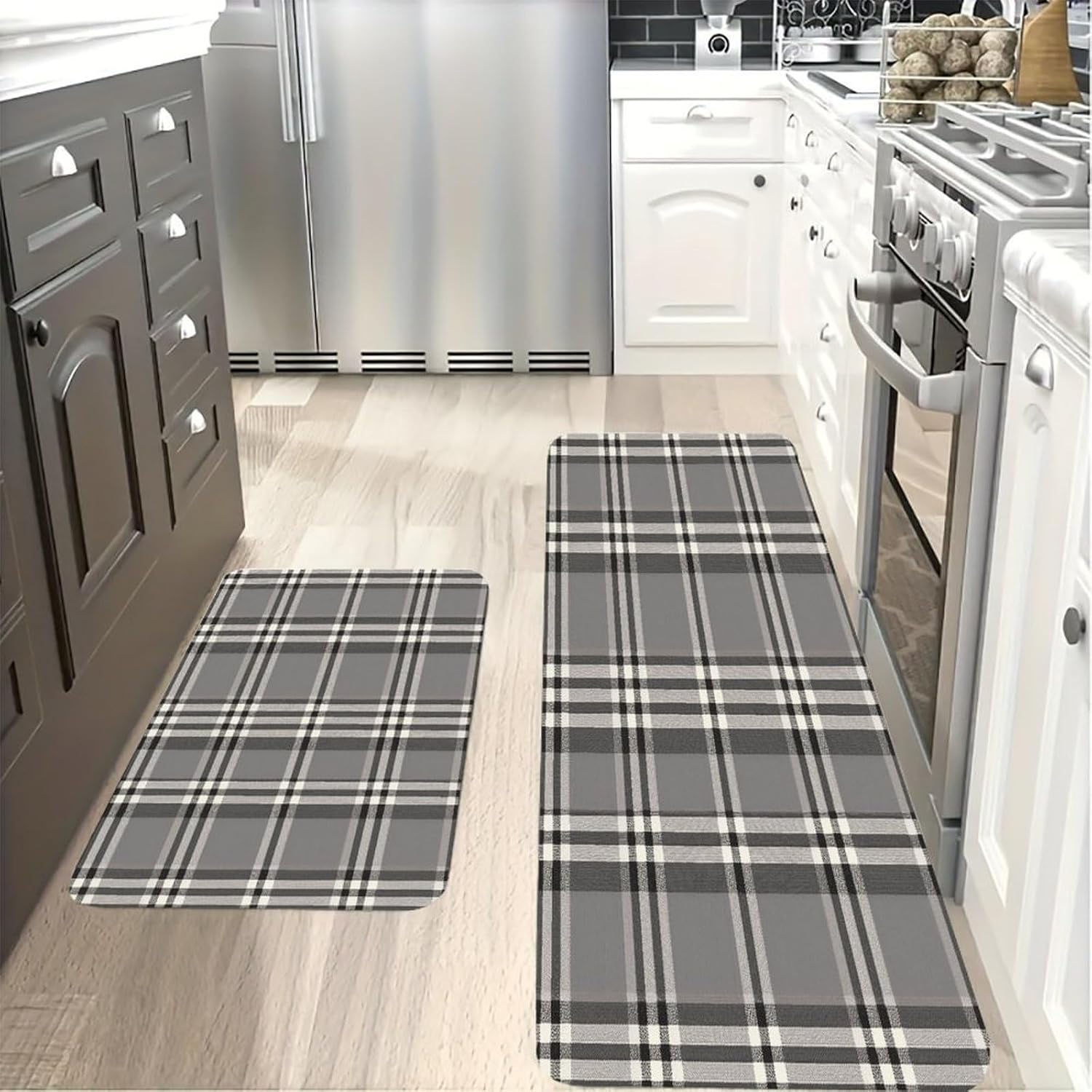 Gray Plaid Lines Kitchen Mats with 2PCS Non-Slip Washable,Kitchen Rug Heavy Duty Durable, Floor Mats for Kitchen,Office,Sink,Laundry
