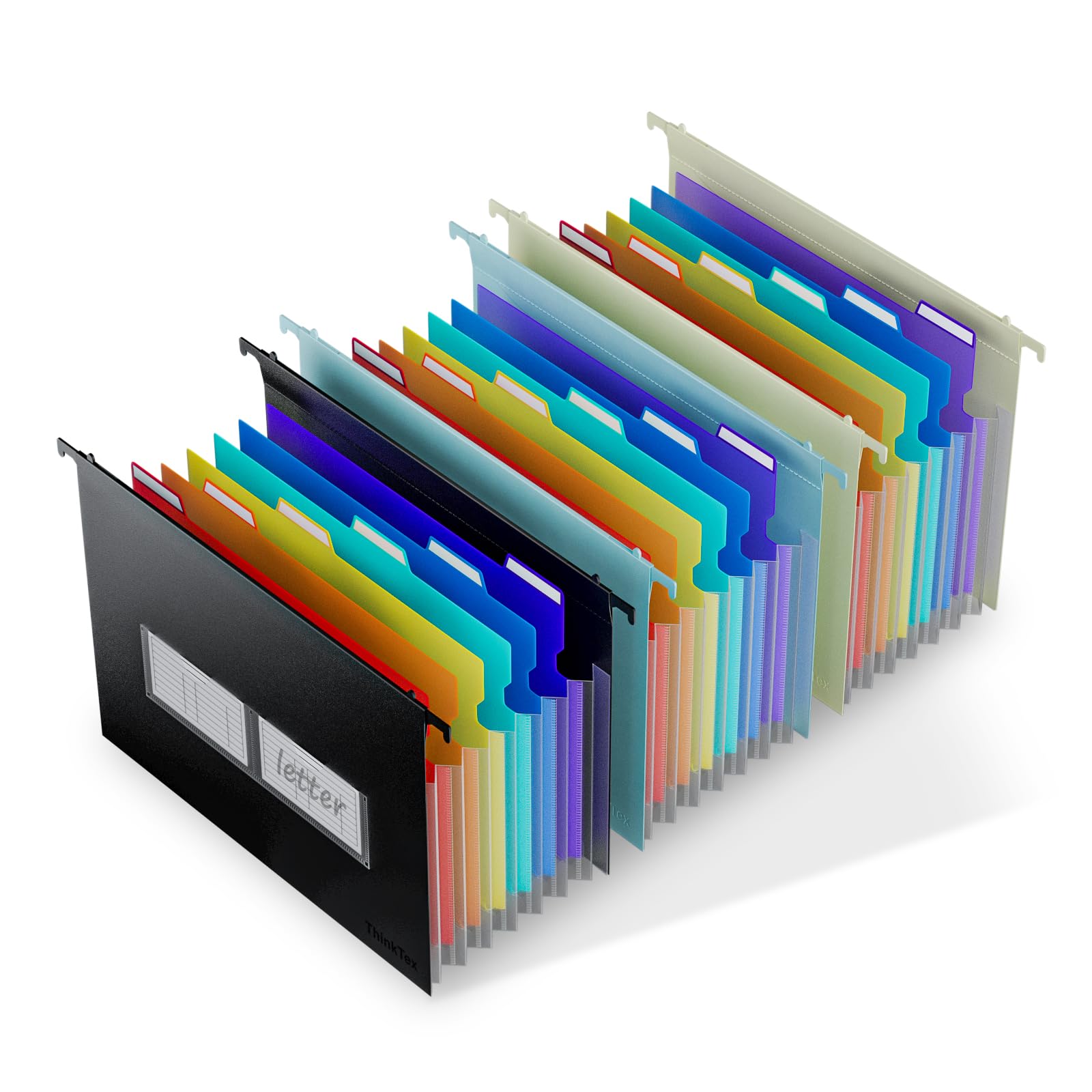 ThinkTex Plastic Expanding Hanging File Folders, 7 Innovative 1.2" Accordion Pockets, Large Capacity, Multi-Color Tabs, Letter Size for Filing Cabinet