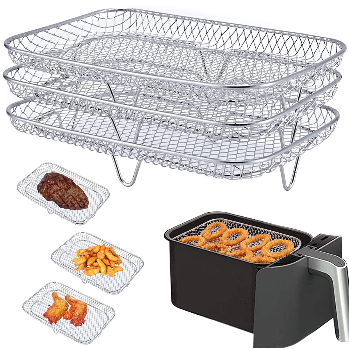 LAINIUTE 3 Pcs 304 Stainless Steel Air Fryer Rack Detachable Stackable Air Fryer Tray Multi-Purpose Air Fryer Basket Fit For Oven and Press Cooker Compatible with Most Air Fryer (Rectangular), Silver