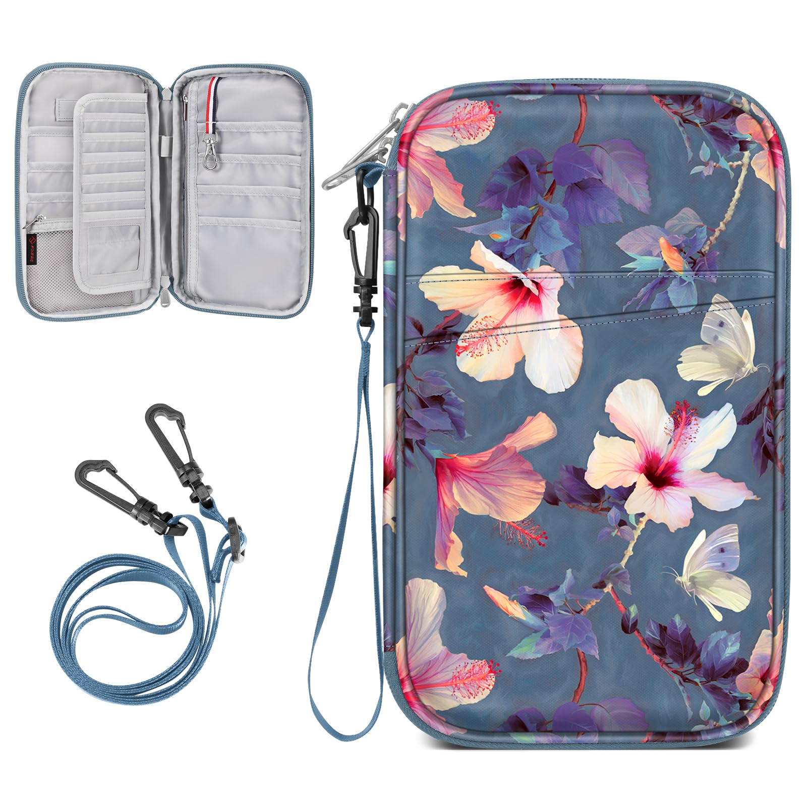 Family Passport Holder for Travel, 6 People Big Capacity RFID Blocking Travel Document Organizer Clutch Bag with Pen Holder Keychain Credit Cards Case Cover for Women Men, Blooming Hibiscus-image-24