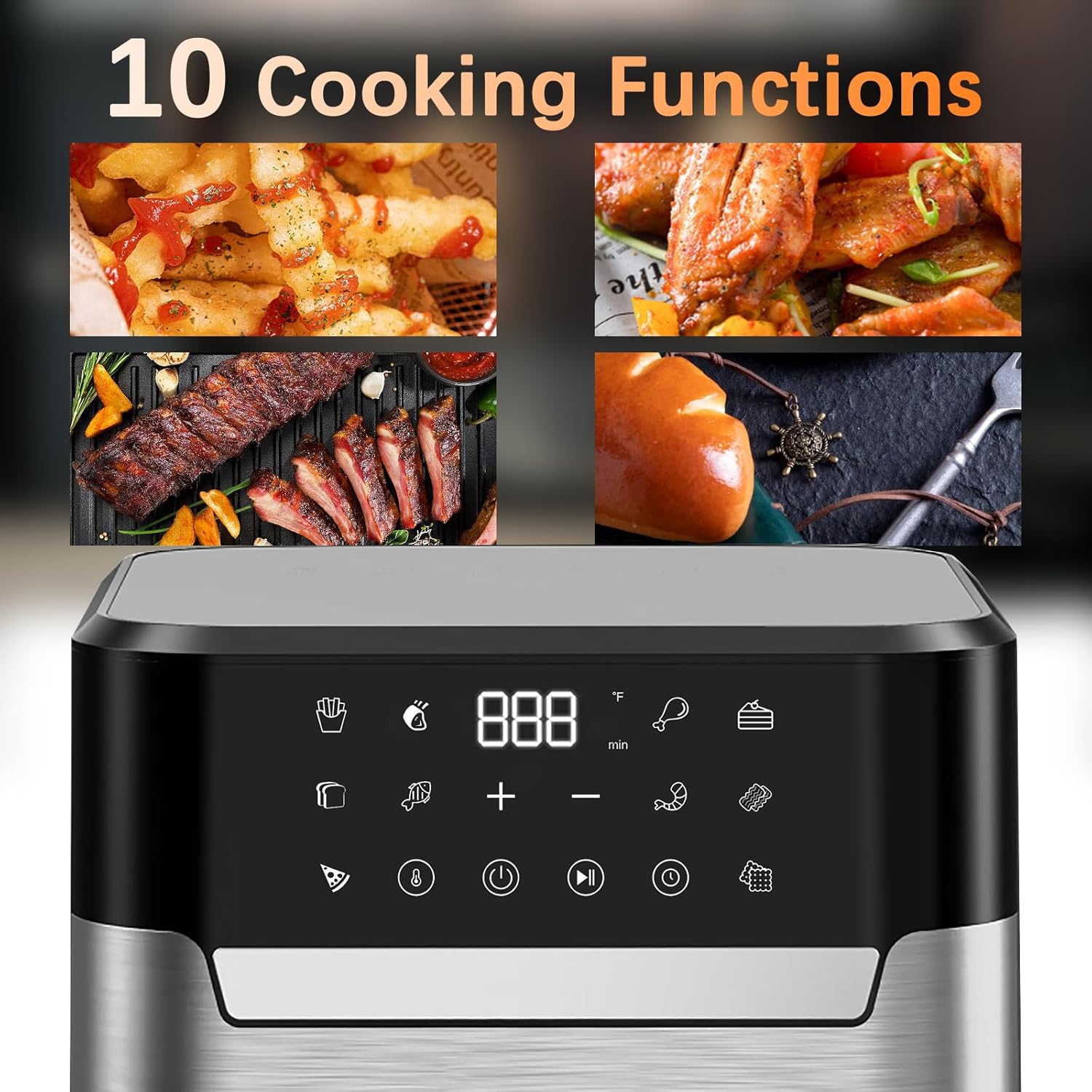 8QT Digital Air Fryer, 1500W Electric Air Fryer Toaster Oven, Oil -Free Multifunction Air Fry with 60 Minute Timer for Baking and 10 Preset Programs, Stainless Steel Accents
