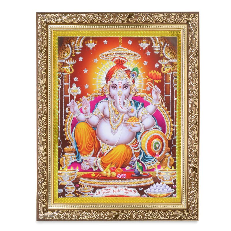 Jai Shree Ganesha Zari Art Work Photo In Golden Frame (11 X 13 Inches)