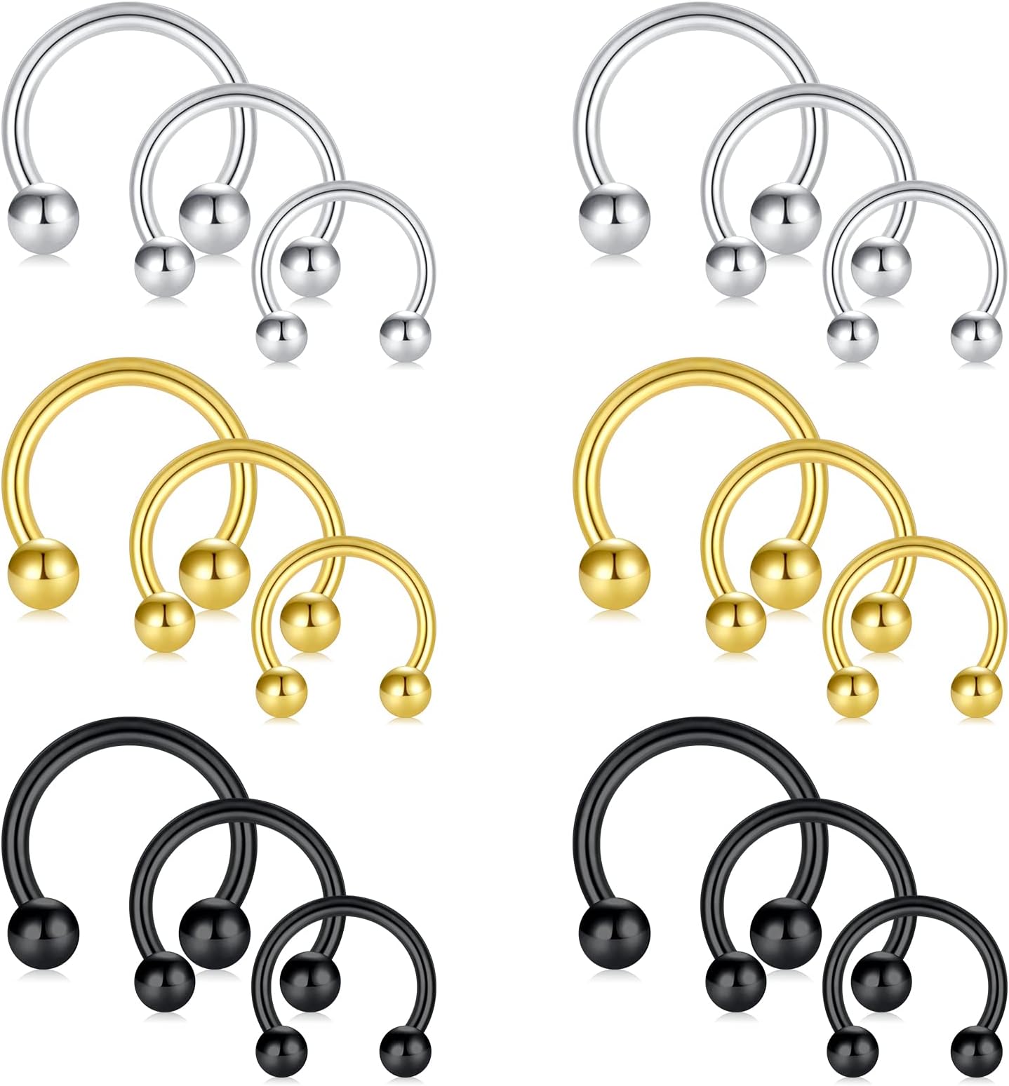 Funseedrr18pcs Septum Ring Horseshoe Nose Ring Hoop Surgical Steel 16G 6/8/10mm Lip Labret Tragus Helix Piercing Jewellery