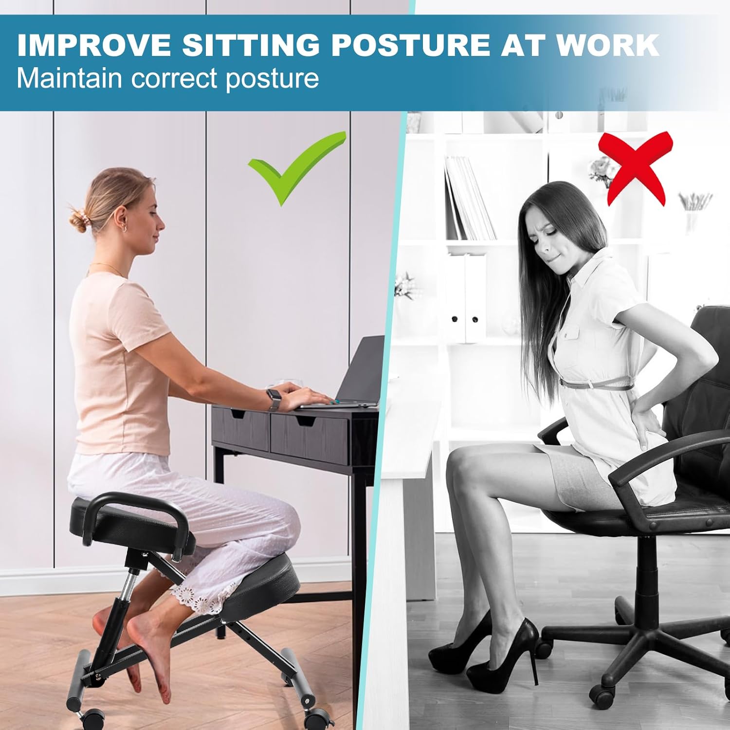 Ergonomic Kneeling Chair Without Backrest, Adjustable Balance Stool with Brake & Smooth Gliding Casters, Postures Correcting Chair for Home Office