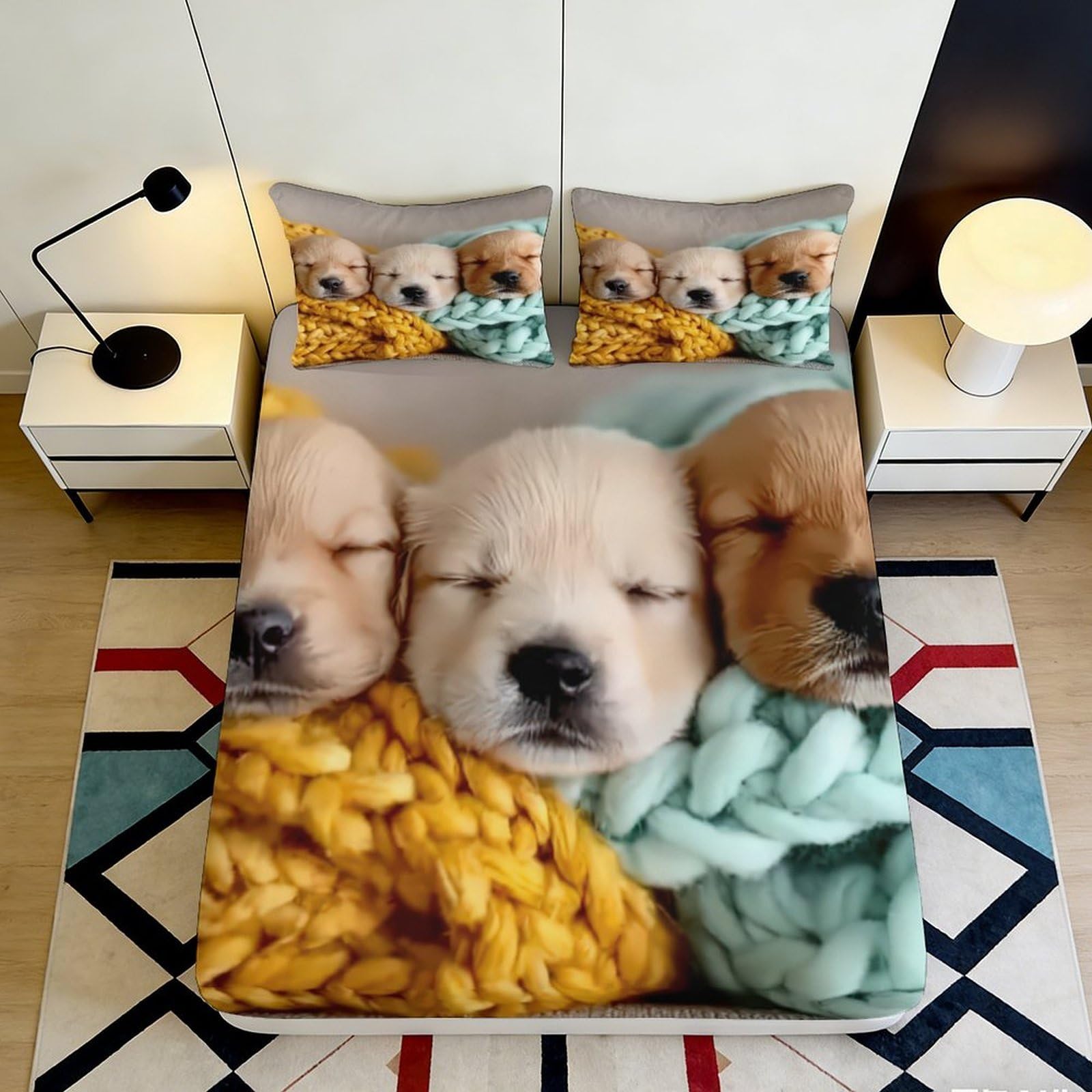 3D Printed Sleeping Puppy Fitted Sheet Microfiber Soft Non-Slip Knitted Blanket Bed Cover for Bedroom Dorm Mattress Protection 90x200x25cm
