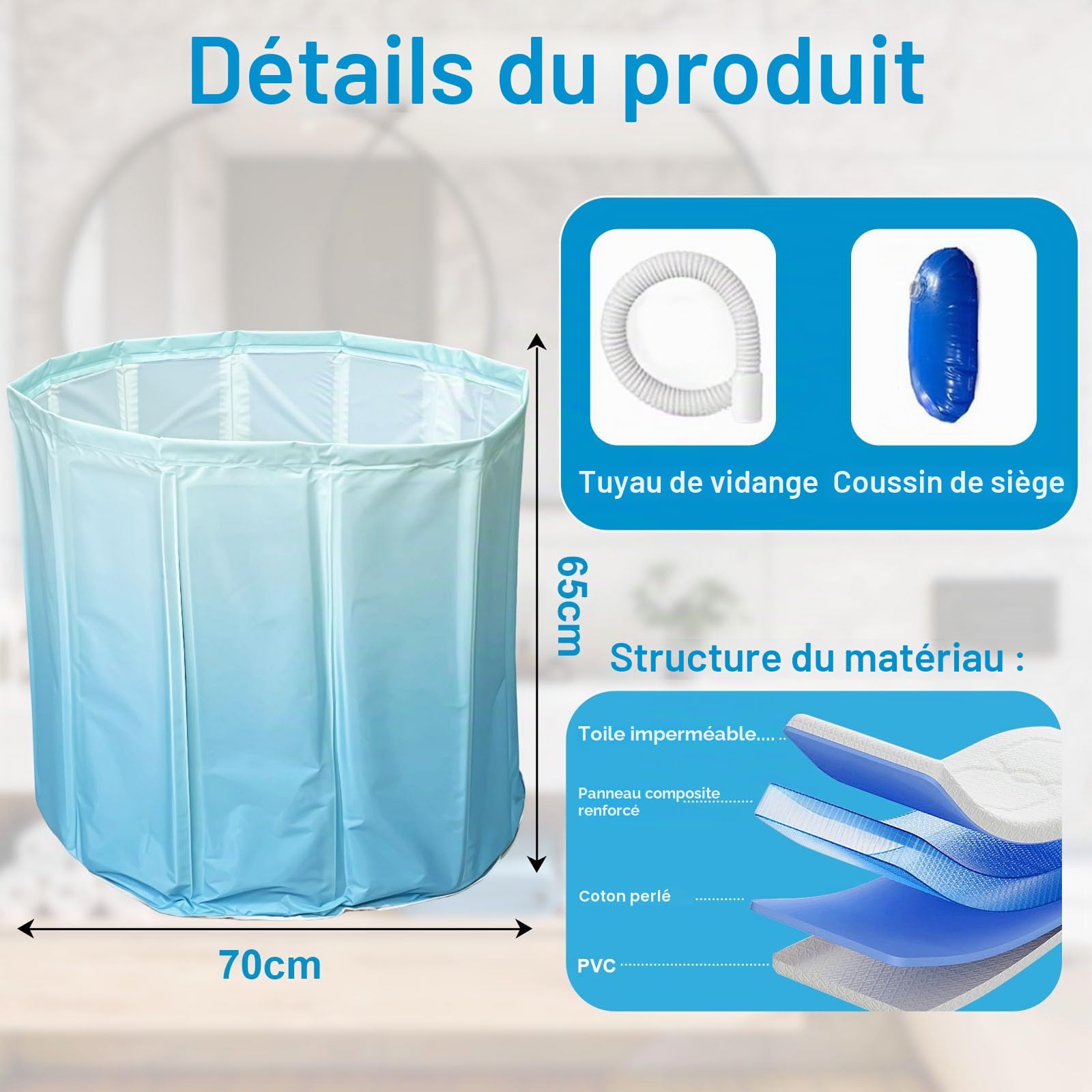 Baignoire Pliante 70×65 cm pour Adulte – Bain Portable Profond pour Eau Chaude et Froide, Tuyau de Vidange et Coussin de Siège, Baignoire Pliable Gain de Place pour Petit Espace