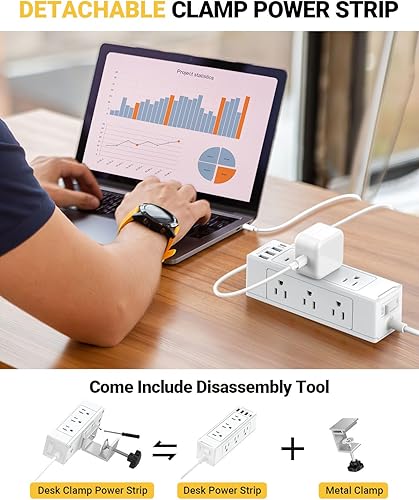Miniatura 5 de Regleta de alimentación con abrazadera de escritorio con USB C, protector de sobretensiones de escritorio con 9 enchufes de CA, 4 puertos USB,