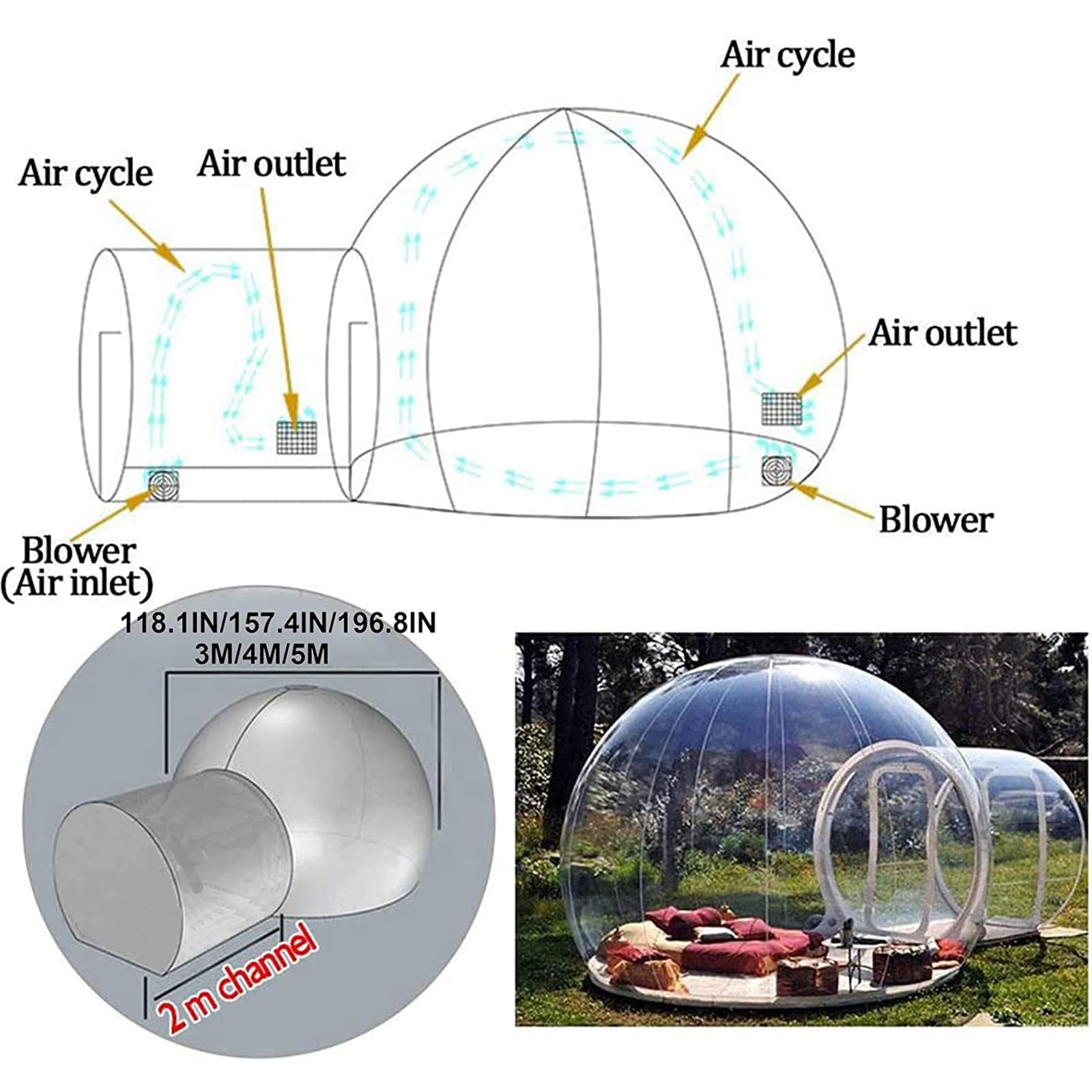 Outdoor PVC Inflatable Bubble Tent with Tunnel Clear Dome Tent for Camping Hotel, Star Empty Tent with Hair Dryer and Repair Kit Vision