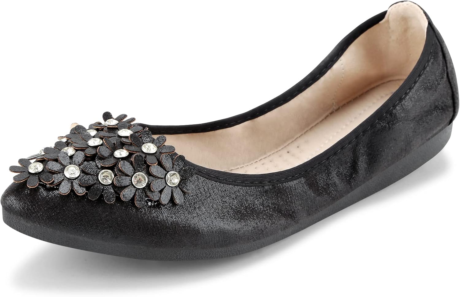 KUNWFNIX Women's Foldable Ballet Flats, Portable Slip-on Shoes, Grass Leaves Embellished, Synthetic Leather, Round Toe, Casual Black