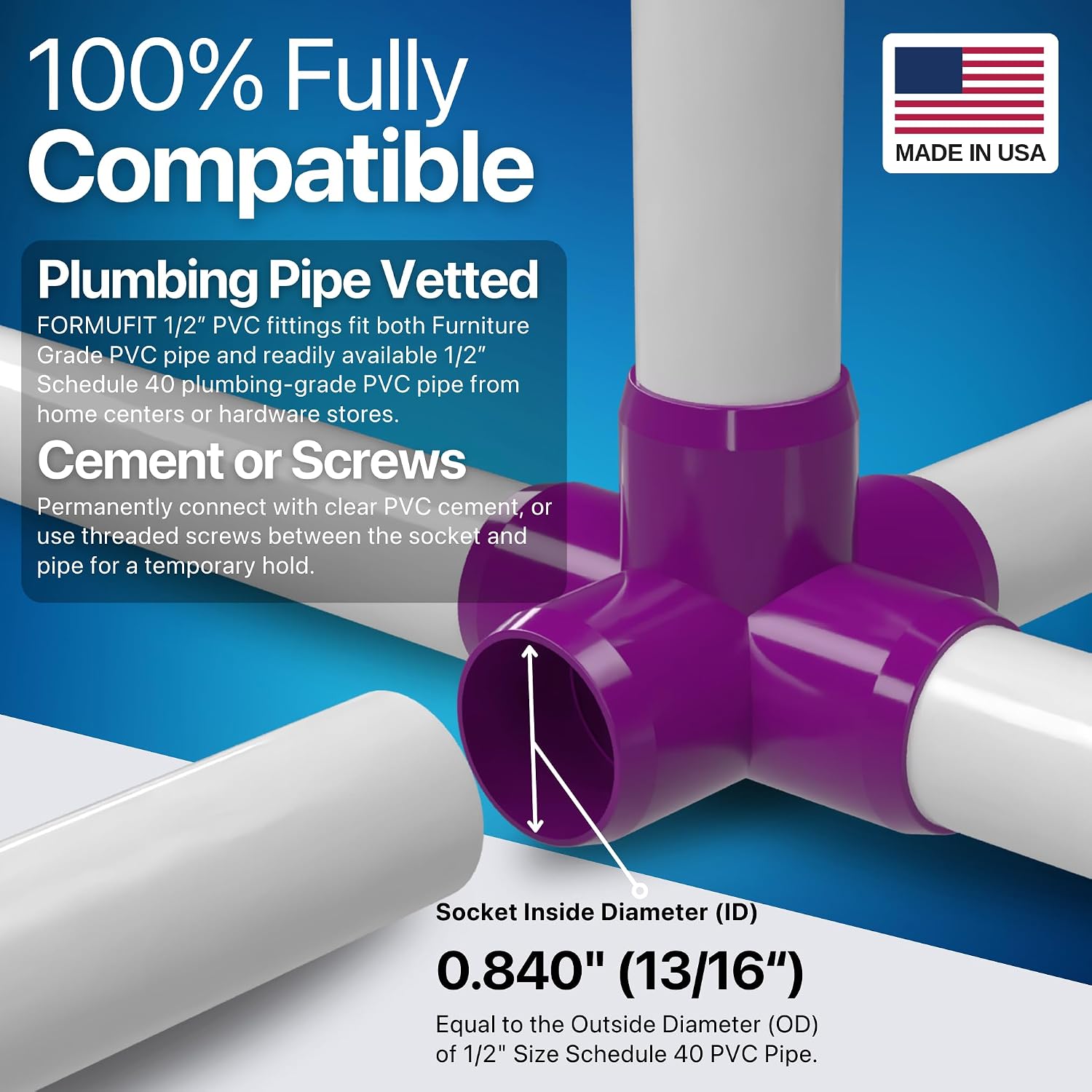 FORMUFIT 1/2" 5-Way Cross Furniture Grade PVC Fitting in Purple, Made in USA, UV-Resistant, Impact-Proof, 0.840” Actual Socket Diameter (Pack of 10) - F0125WC-PU-10