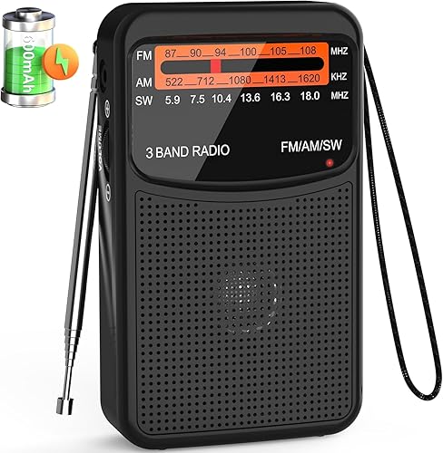 Radio portátil AM FM SW con la mejor recepción, pequeña radio de transistor con batería recargable de 600 mAh, altavoz grande de 3 W, bolsillo