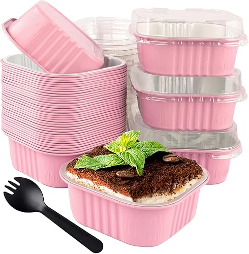 Fodofodo 40 mini moldes cuadrados con tapas, mini moldes para pasteles con tapas, moldes desechables para hornear, moldes para magdalenas, tazas