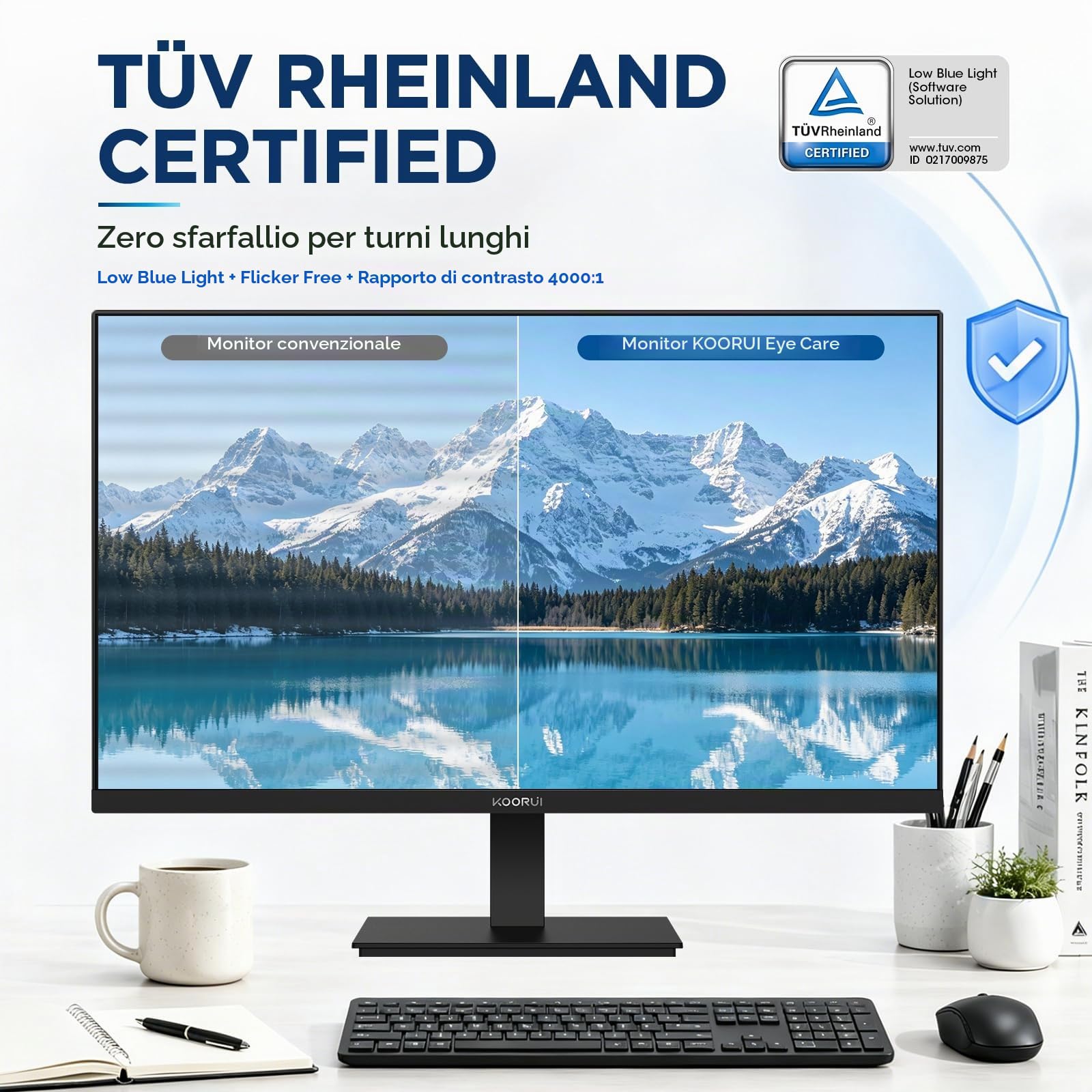 KOORUI Monitor 24" FULL HD, (1920 x 1080, 75 Hz, VGA, HDMI), Flicker Safe, 99% sRGB, Tempo di Risposta 5 ms, Reclinabile, Nero